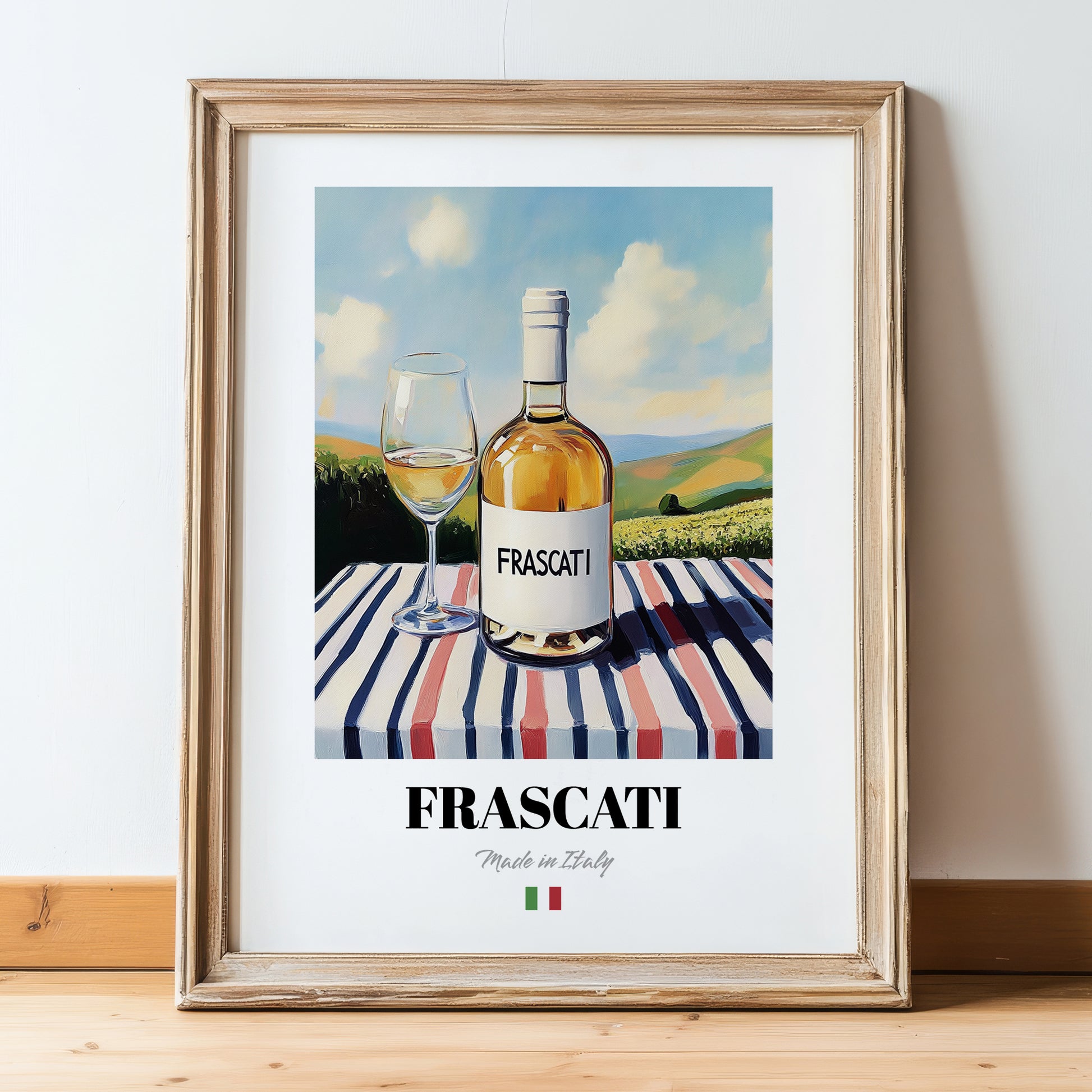 Frascati – Italian White Wine, Vinoteca Painting, in wooden frame leaning on the floor