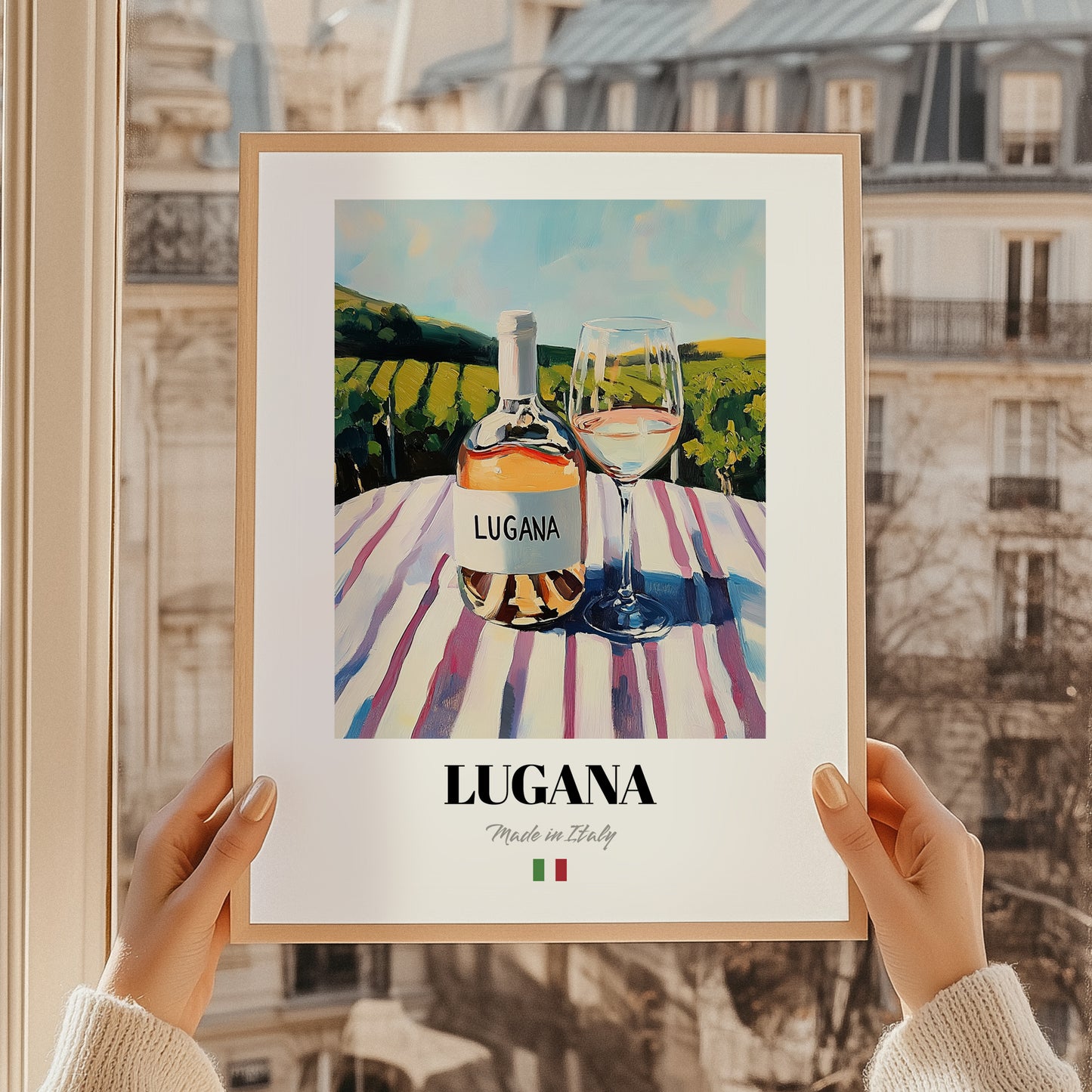 Lugana – Italian White Wine, Wine Bar Wall Art, styled in a charming Paris street view