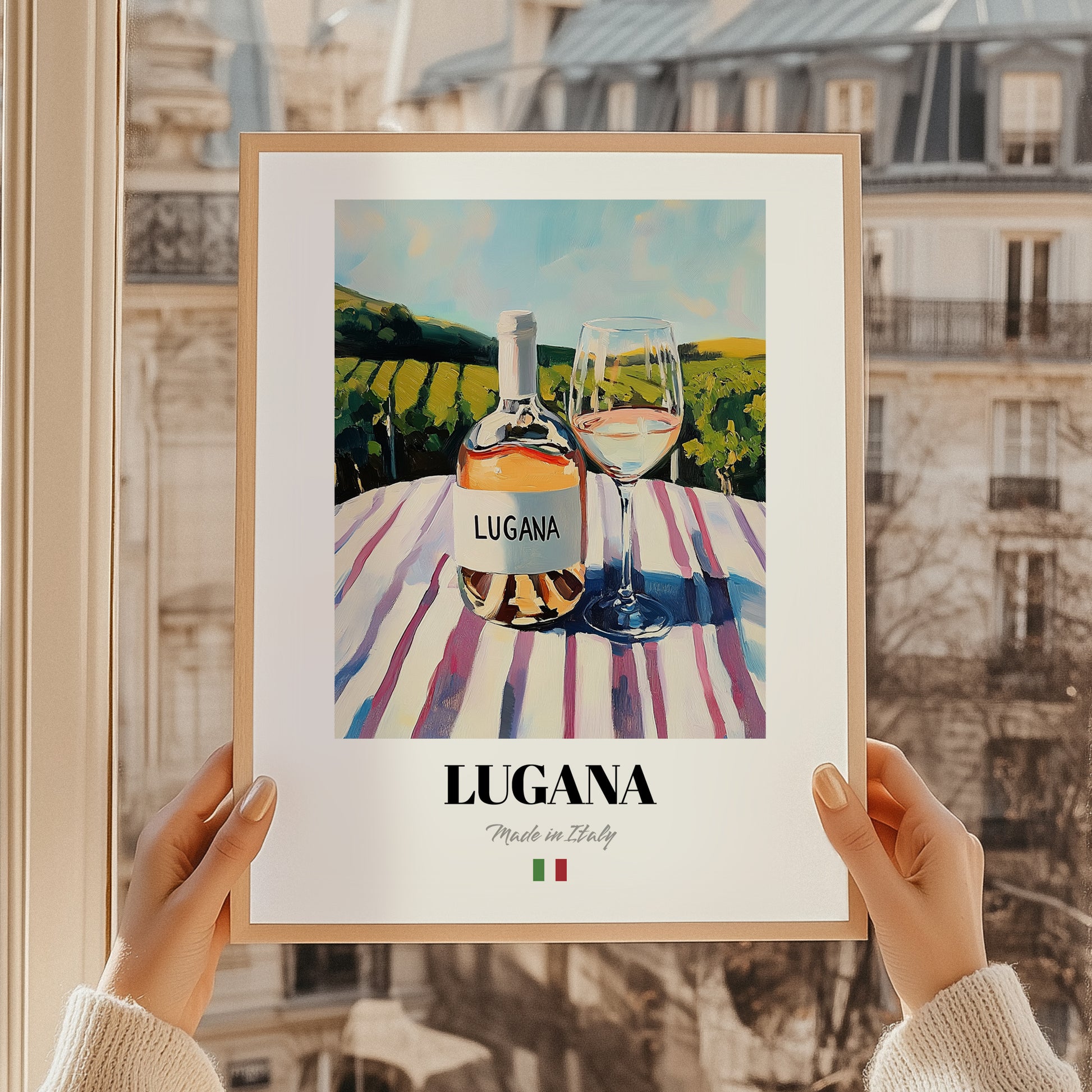 Lugana – Italian White Wine, Wine Bar Wall Art, styled in a charming Paris street view