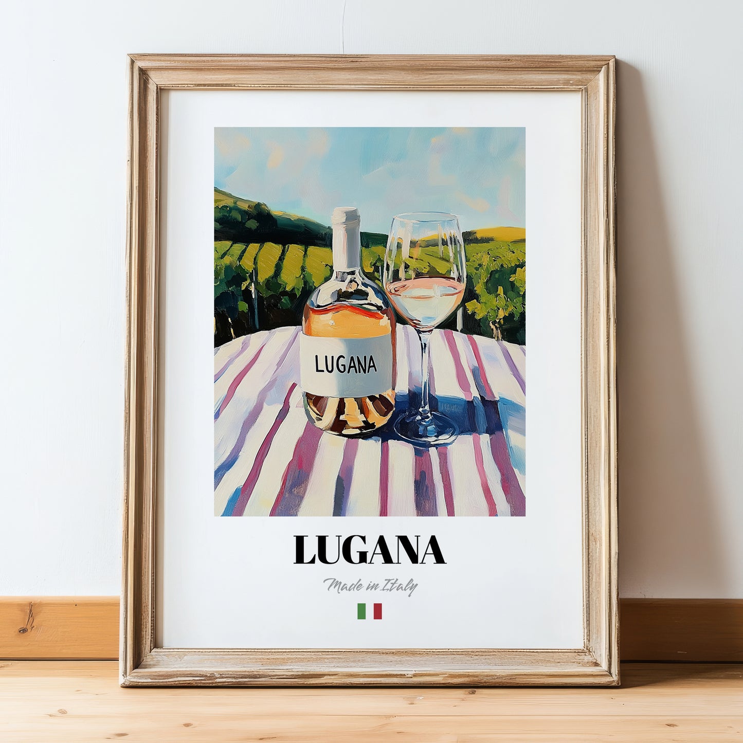 Lugana – Italian White Wine, Wine Bar Wall Art, in wooden frame leaning on the floor