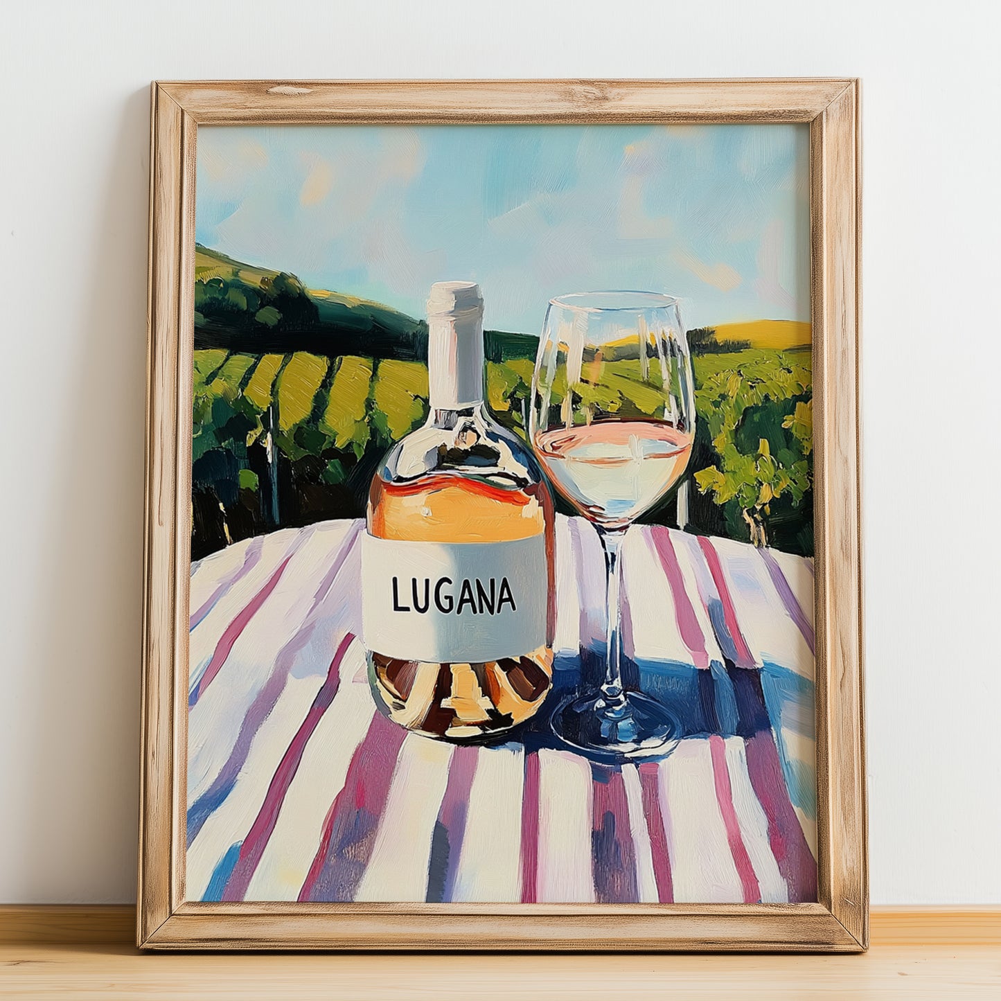 Lugana – Italian White Wine, Wine Bar Wall Art, no-text version framed in wood