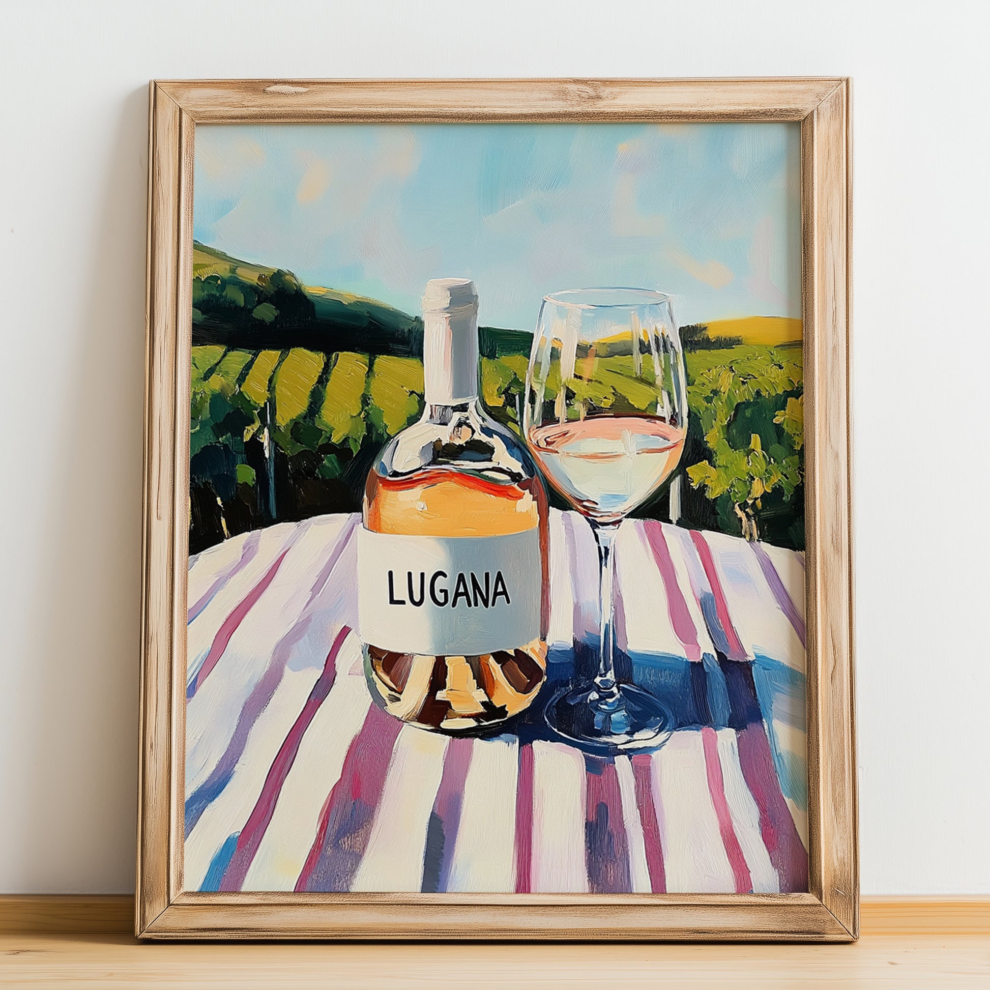 Lugana – Italian White Wine, Wine Bar Wall Art, no-text version framed in wood