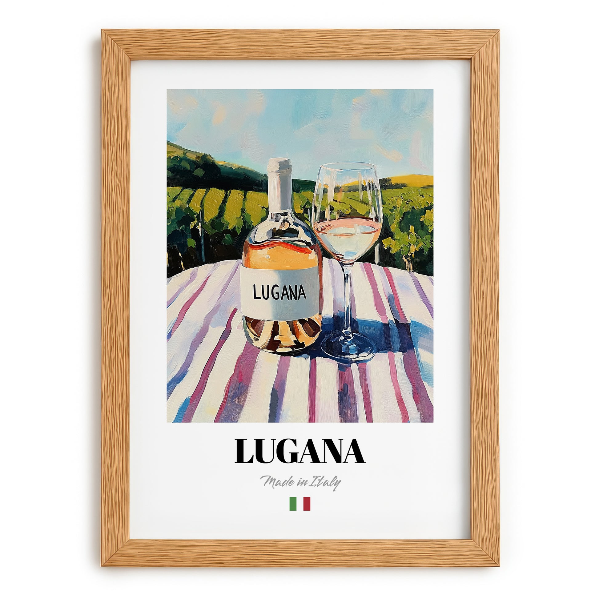 Lugana – Italian White Wine, Wine Bar Wall Art, set in oak frame