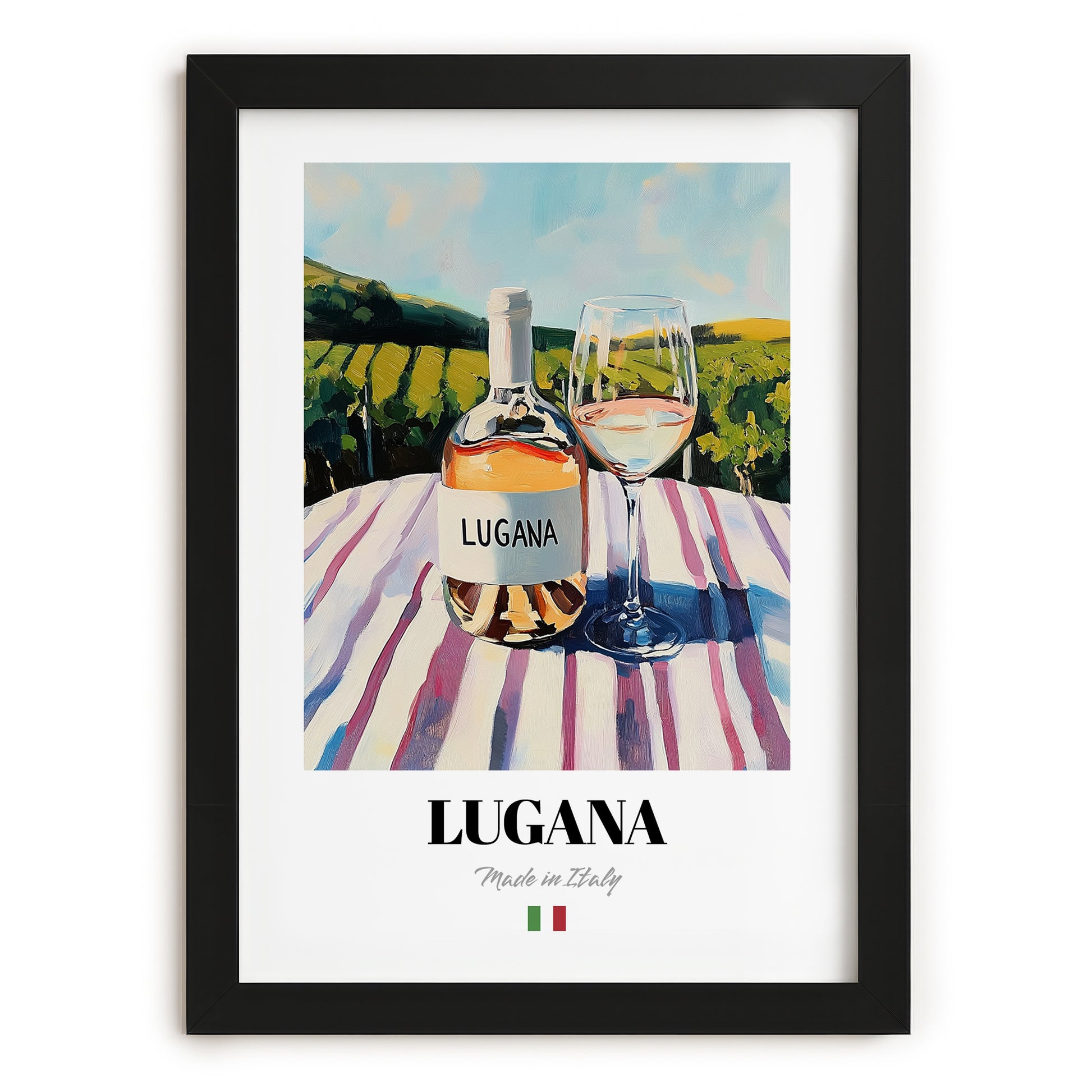 Lugana – Italian White Wine, Wine Bar Wall Art, in sleek black frame
