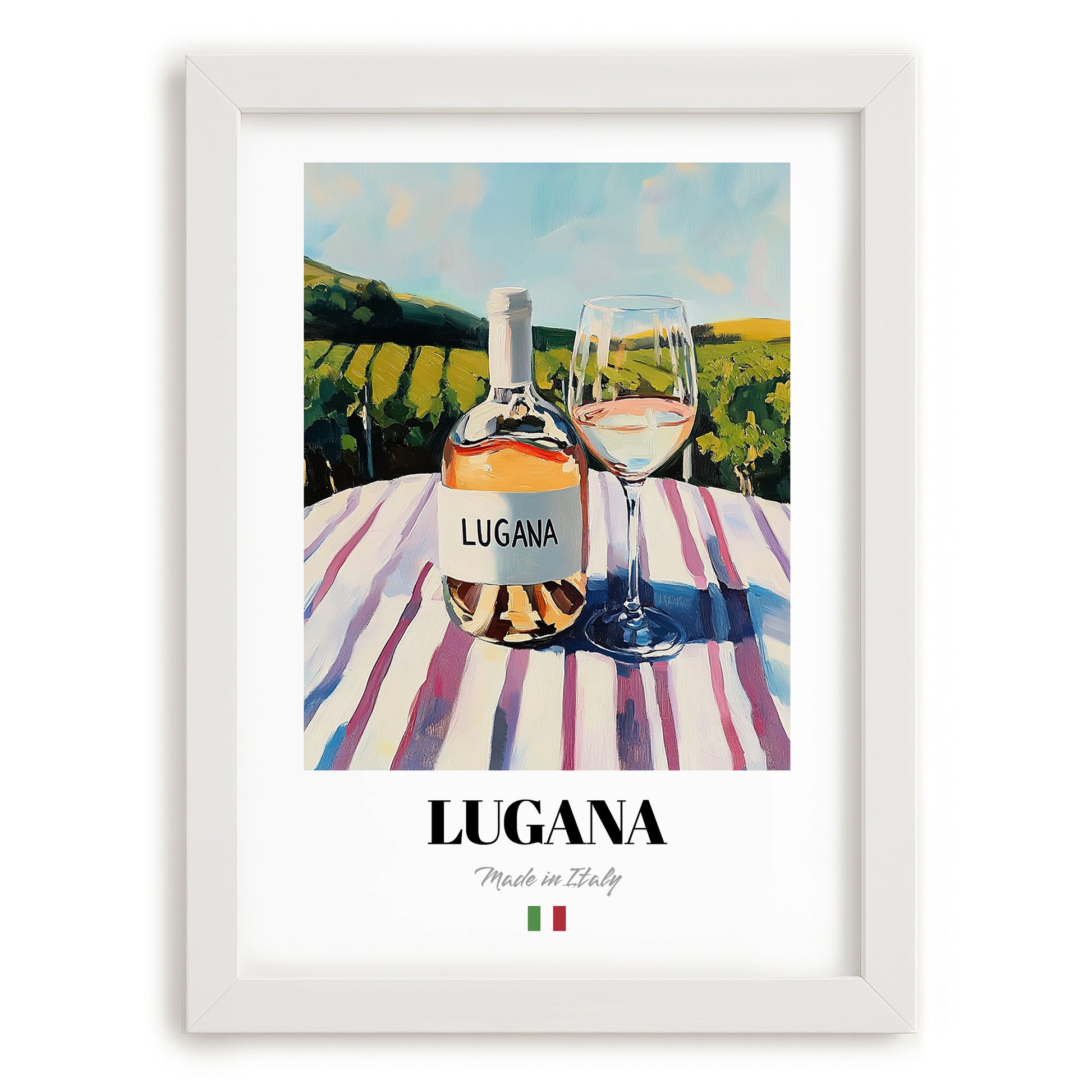 Lugana – Italian White Wine, Wine Bar Wall Art, placed in minimal white frame