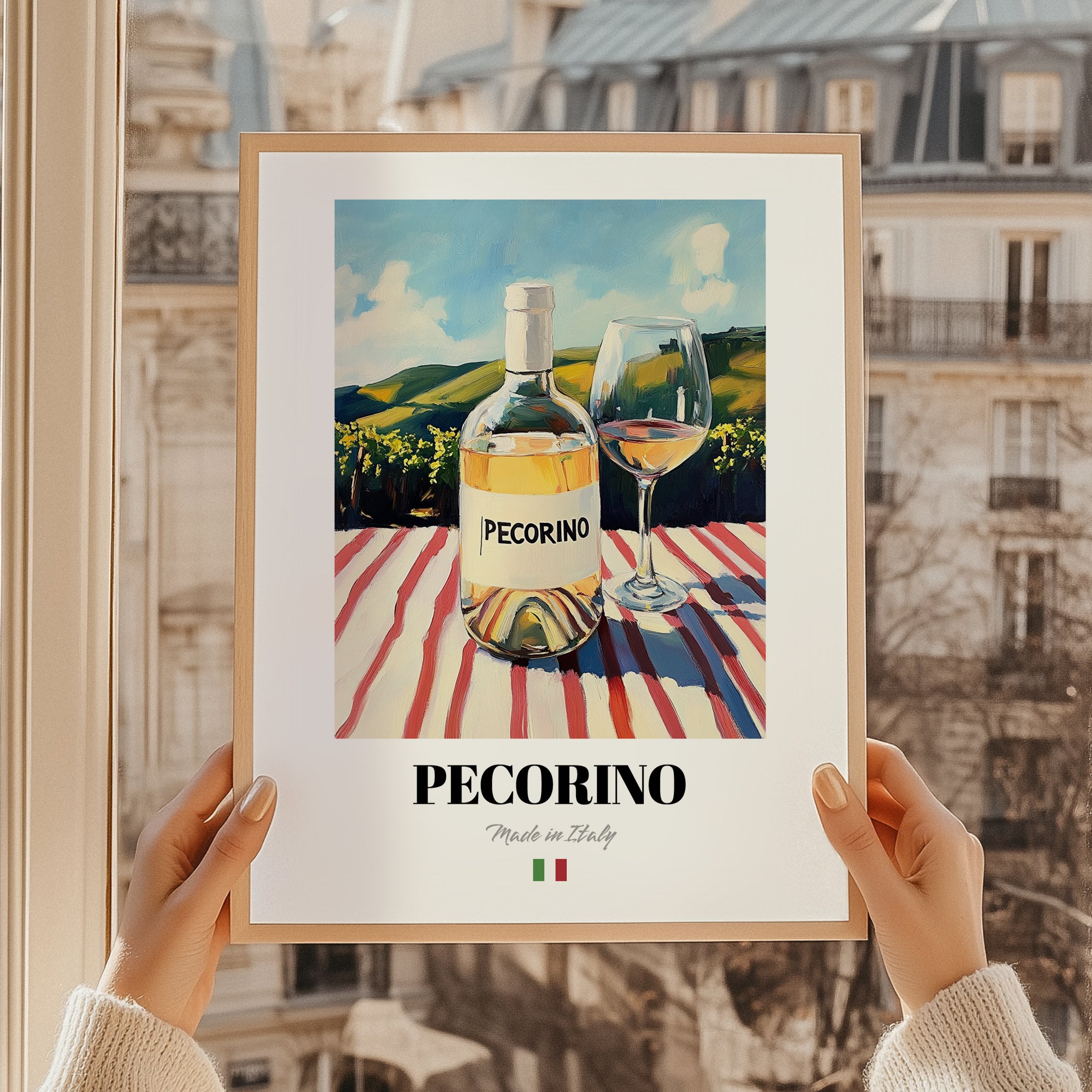 Pecorino – Italian White Wine, Wine Bar Still Life, styled in a charming Paris street view