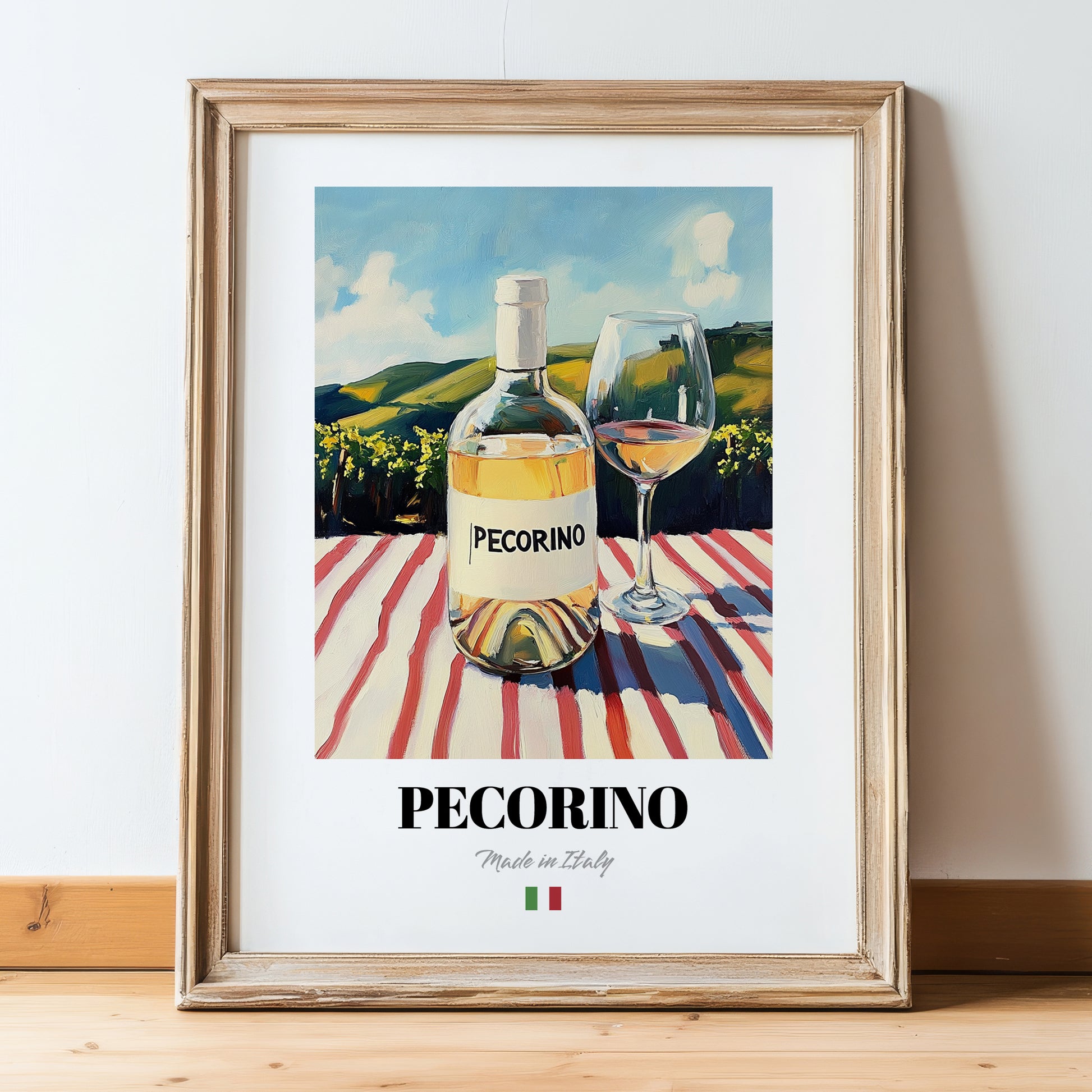 Pecorino – Italian White Wine, Wine Bar Still Life, in wooden frame leaning on the floor