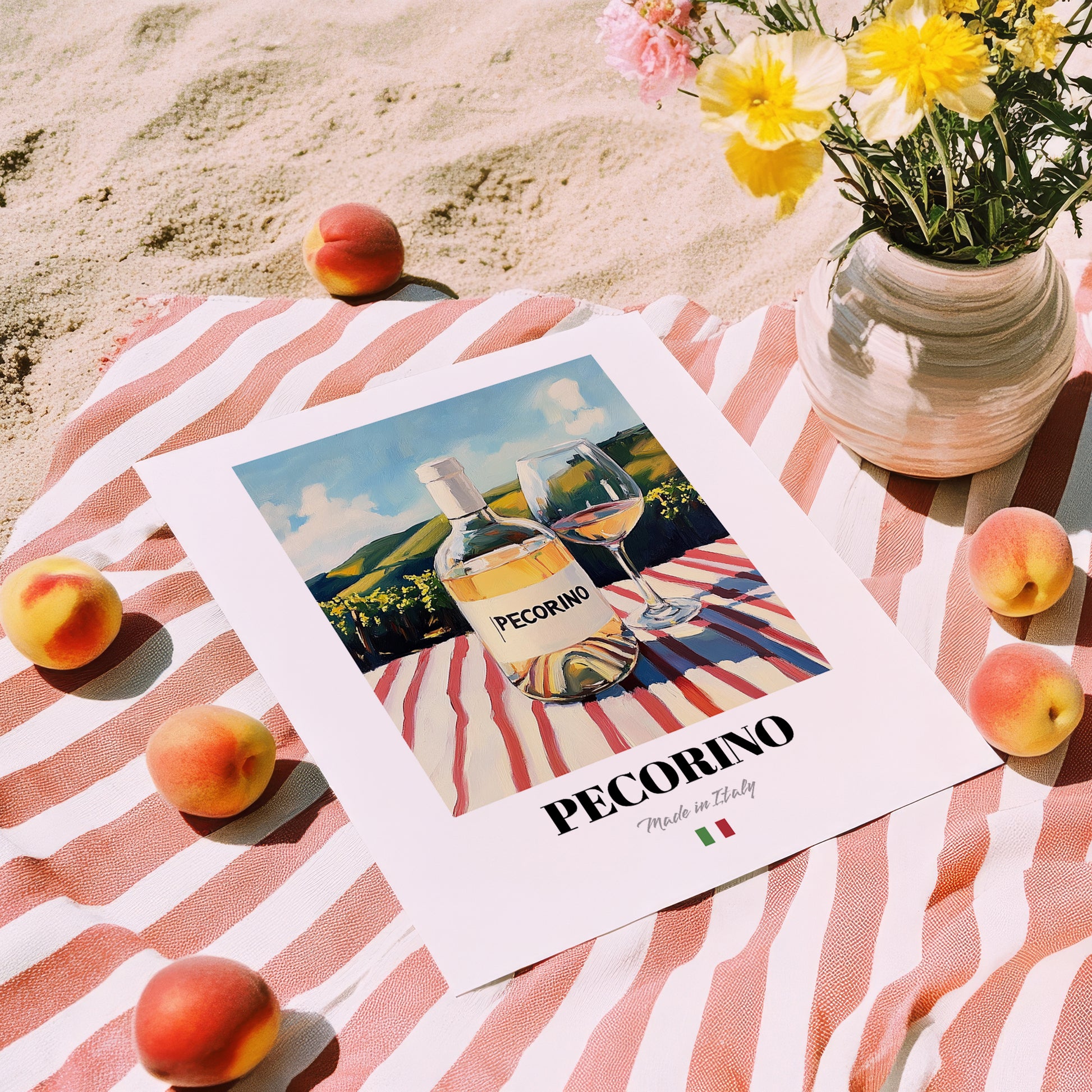 Pecorino – Italian White Wine, Wine Bar Still Life, unframed on coastal sand
