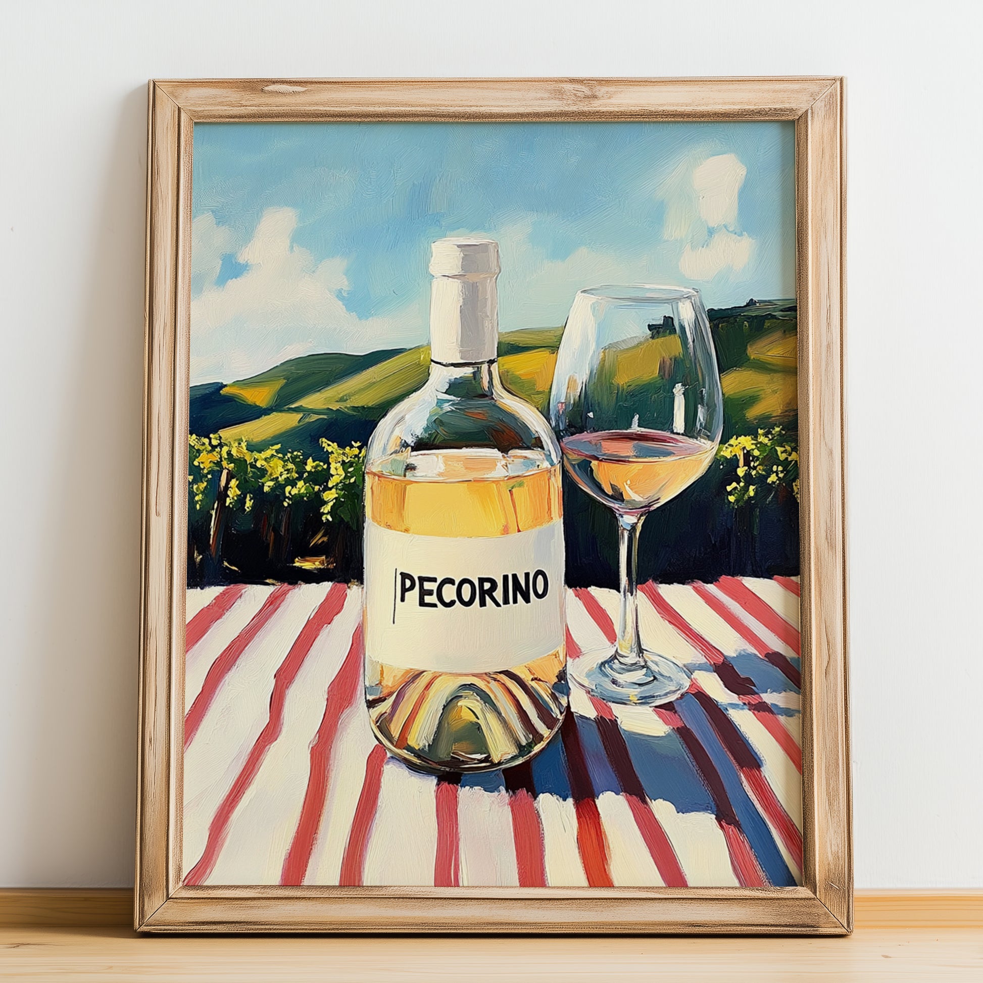 Pecorino – Italian White Wine, Wine Bar Still Life, no-text version framed in wood