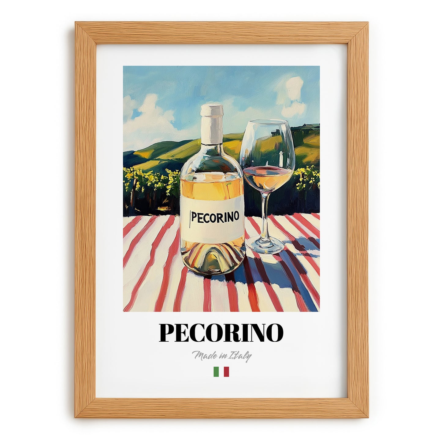 Pecorino – Italian White Wine, Wine Bar Still Life, set in oak frame