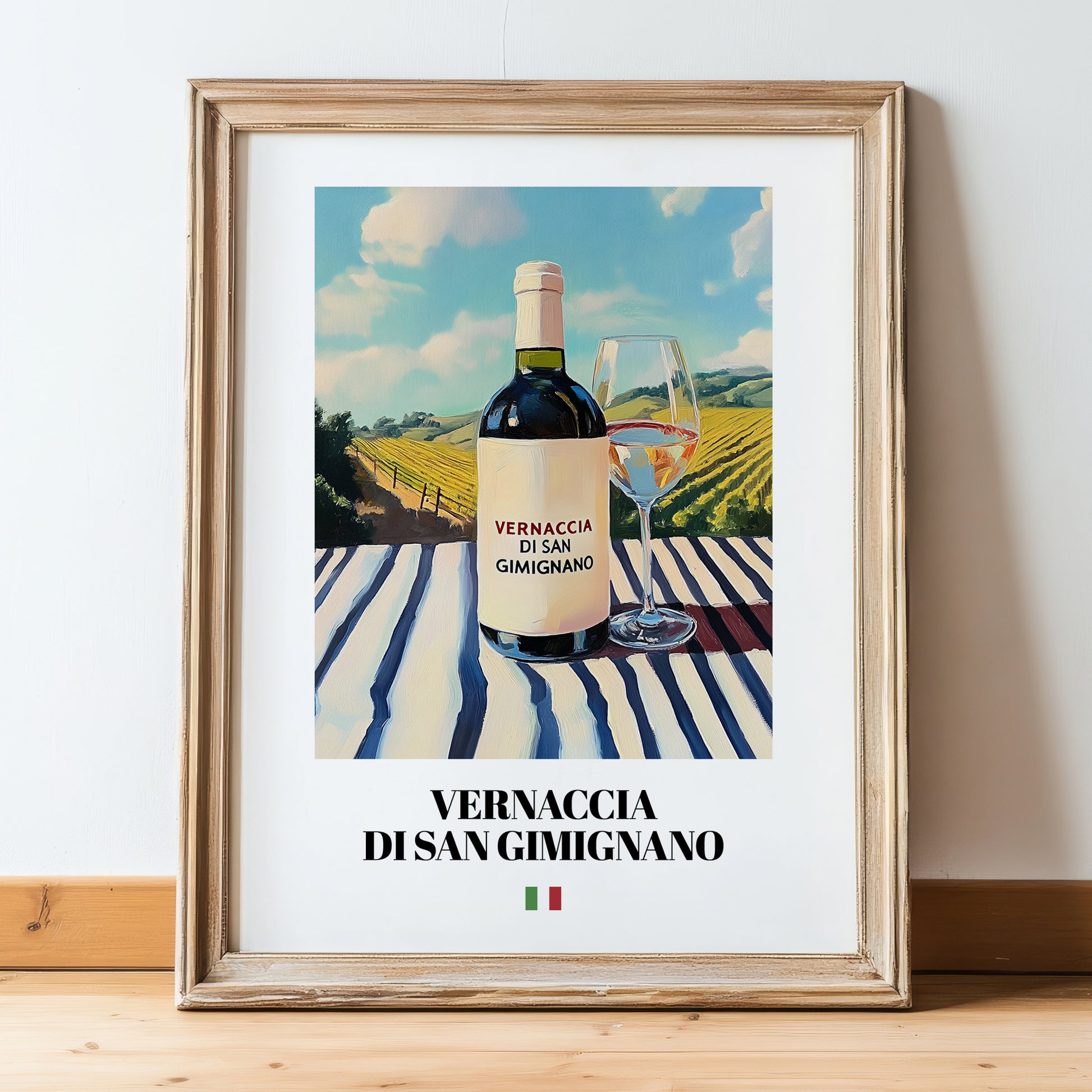 Vernaccia di San Gimignano – Italian White Wine, Wine Bar Poster, in wooden frame leaning on the floor