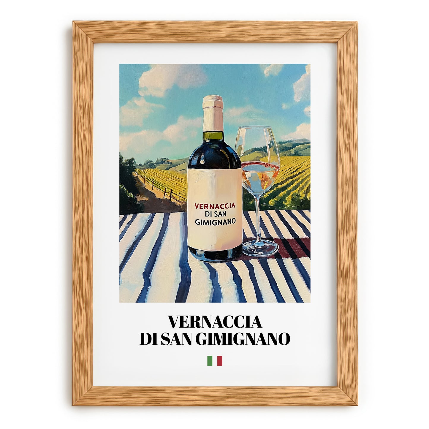 Vernaccia di San Gimignano – Italian White Wine, Wine Bar Poster, set in oak frame