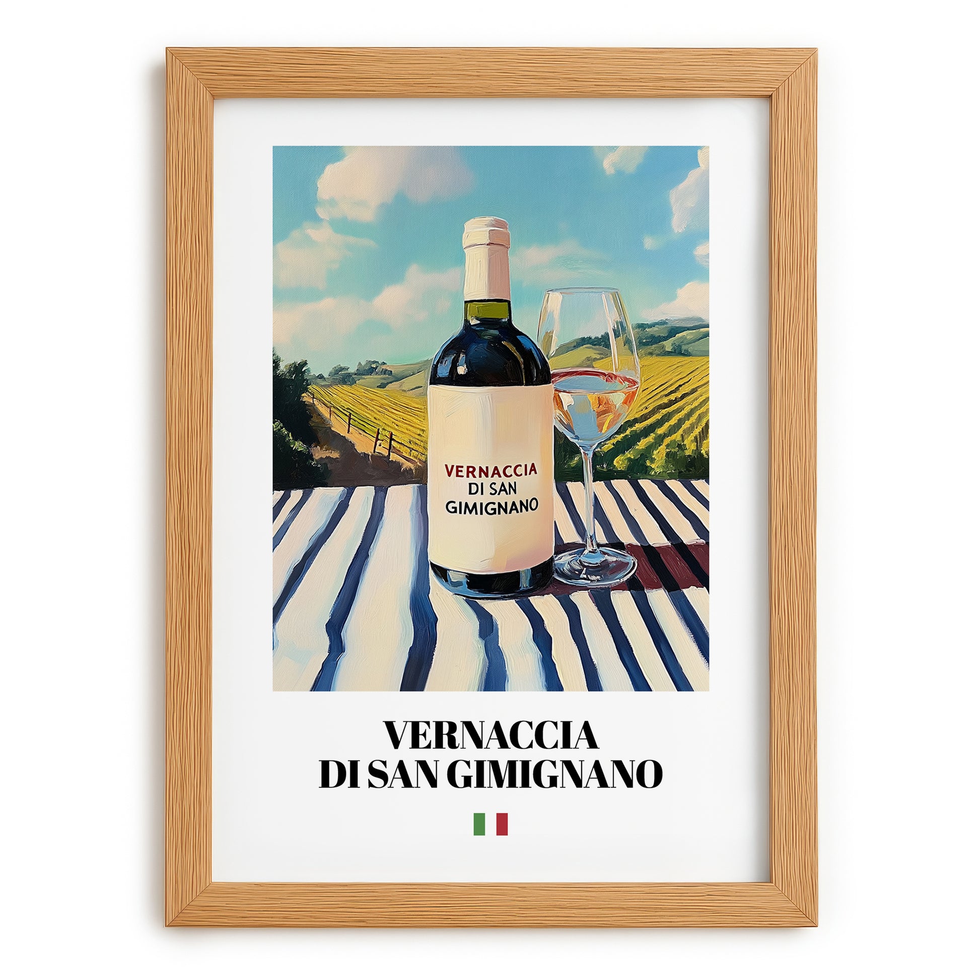 Vernaccia di San Gimignano – Italian White Wine, Wine Bar Poster, set in oak frame