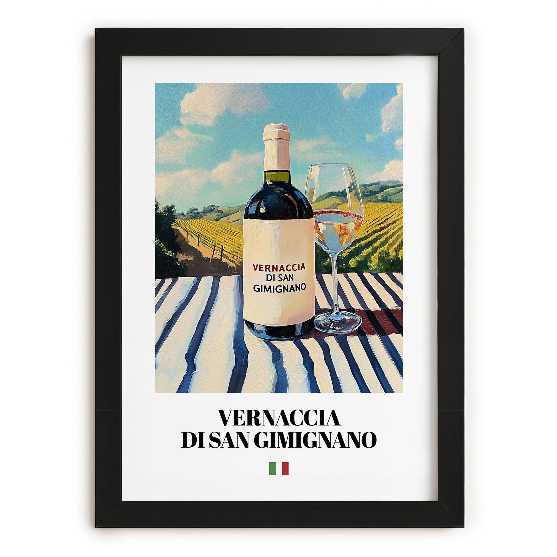 Vernaccia di San Gimignano – Italian White Wine, Wine Bar Poster, in sleek black frame