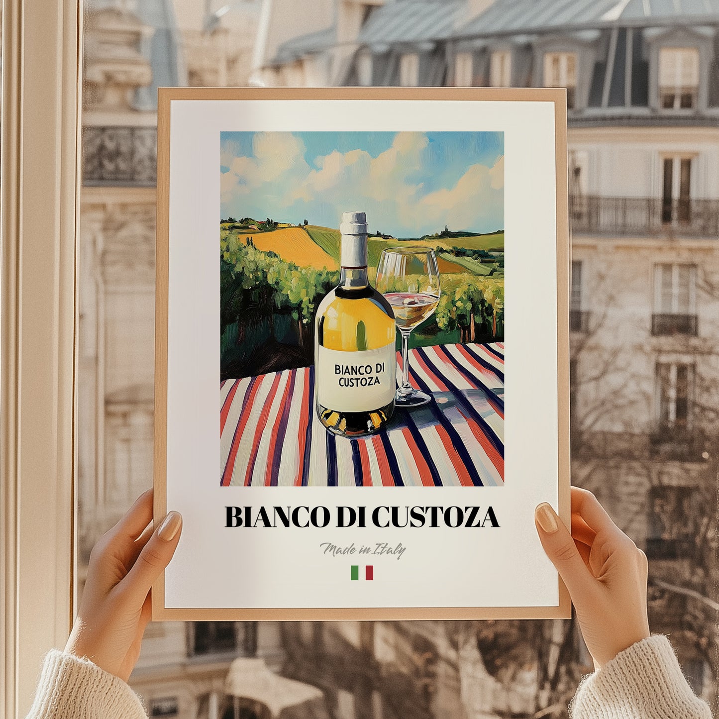 Bianco di Custoza – Italian White Wine, Vinoteca Wall Art, styled in a charming Paris street view