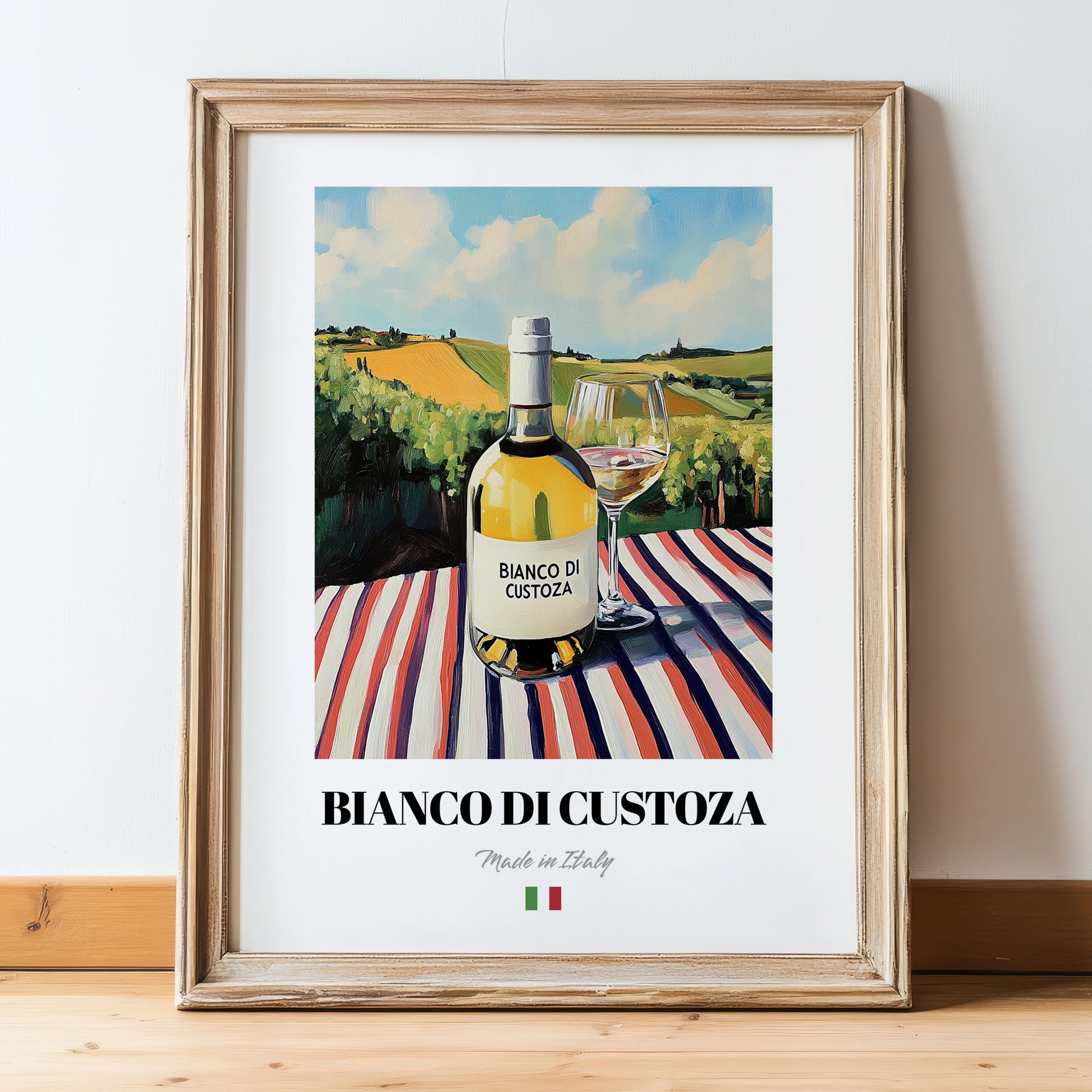 Bianco di Custoza – Italian White Wine, Vinoteca Wall Art, in wooden frame leaning on the floor