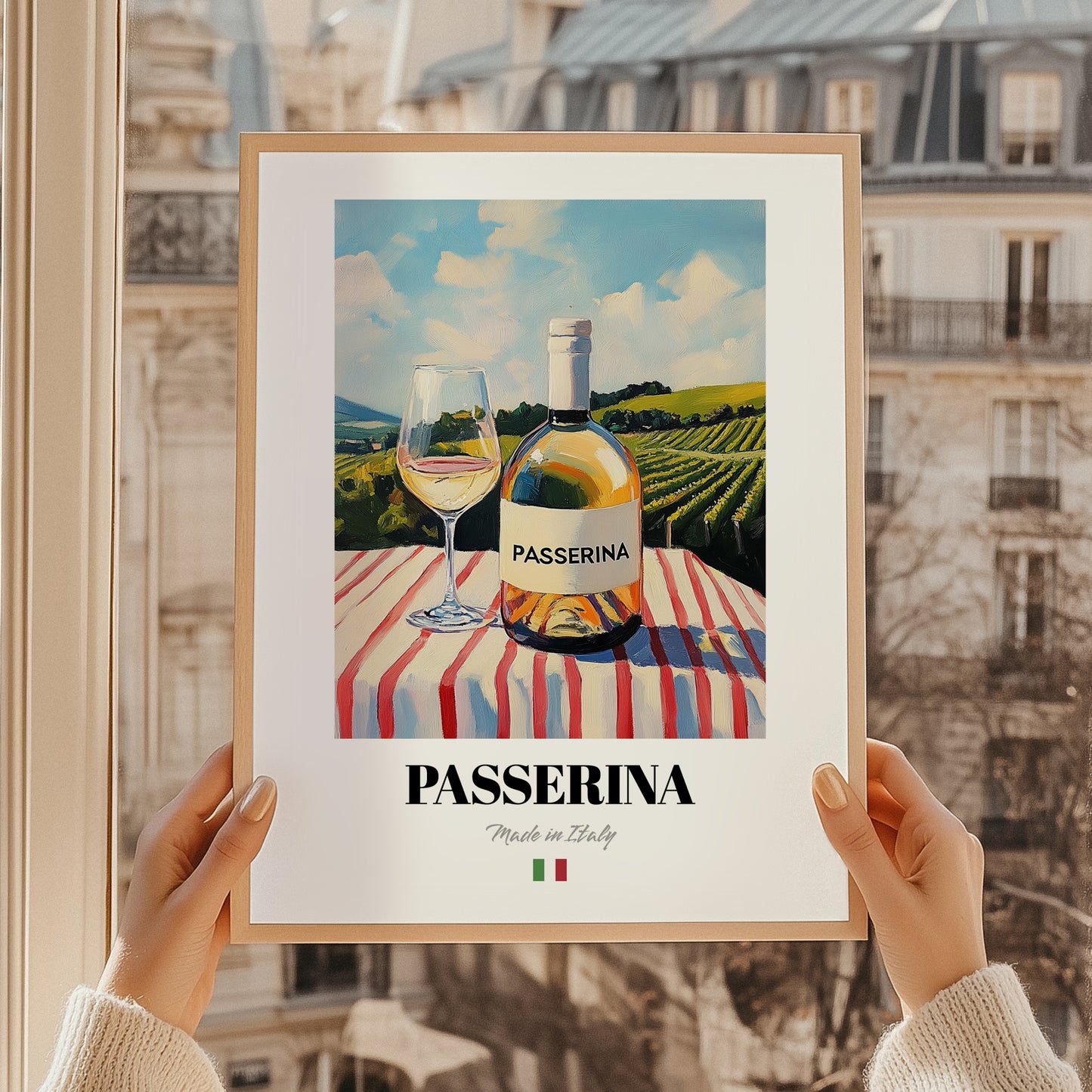 Passerina – Italian White Wine, Bodega Painting, styled in a charming Paris street view