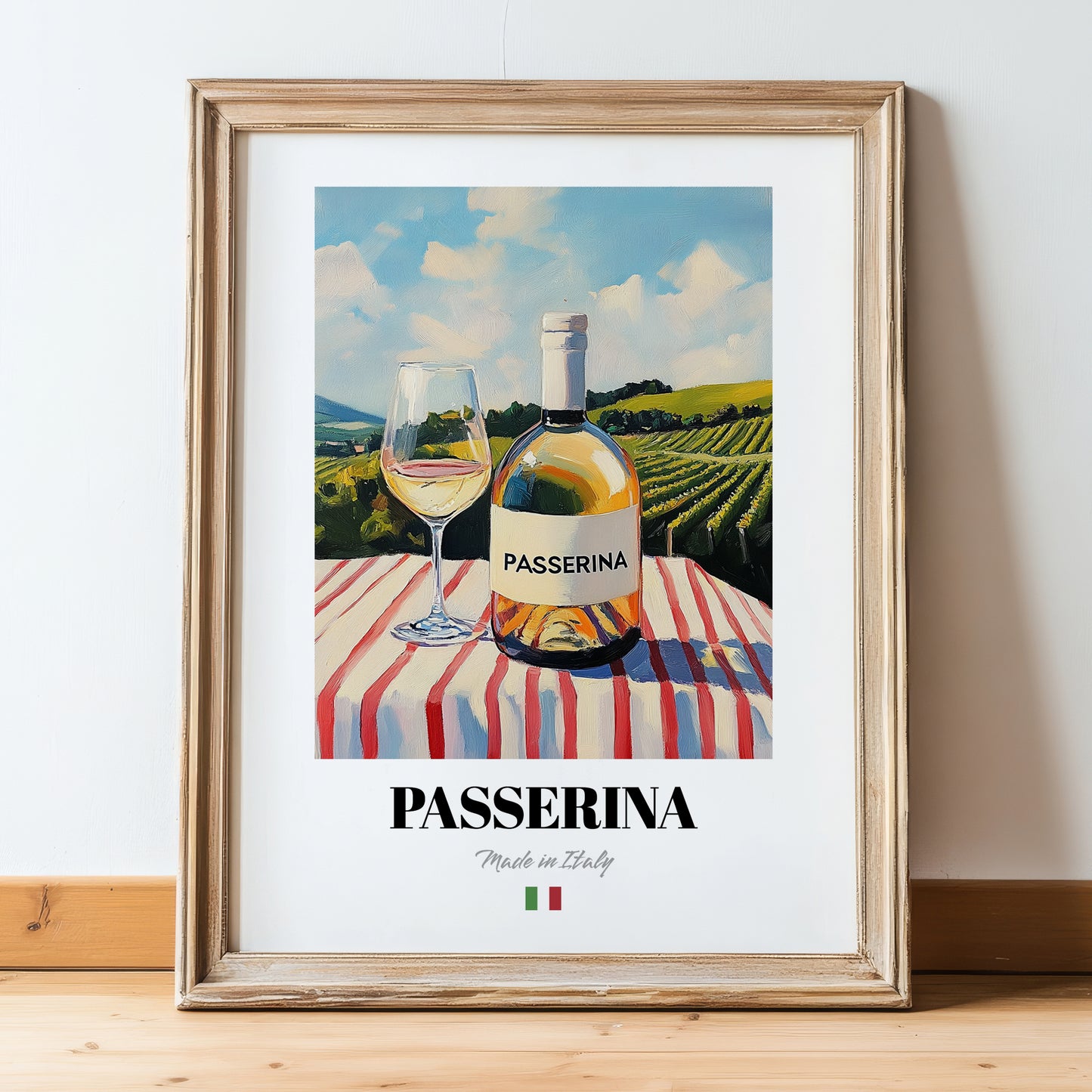 Passerina – Italian White Wine, Bodega Painting, in wooden frame leaning on the floor