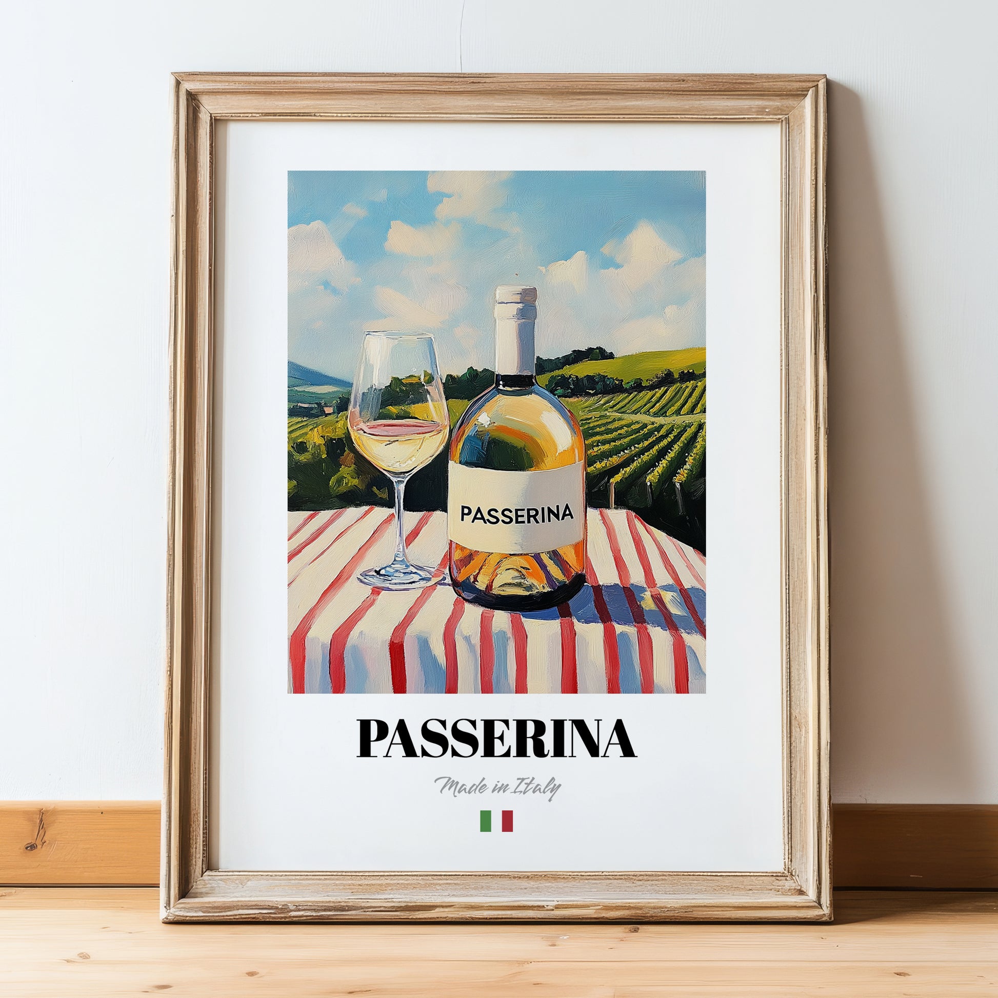 Passerina – Italian White Wine, Bodega Painting, in wooden frame leaning on the floor