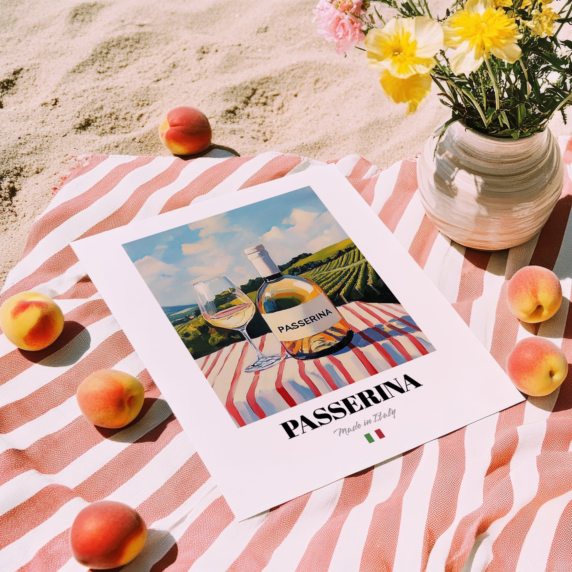 Passerina – Italian White Wine, Bodega Painting, unframed on coastal sand