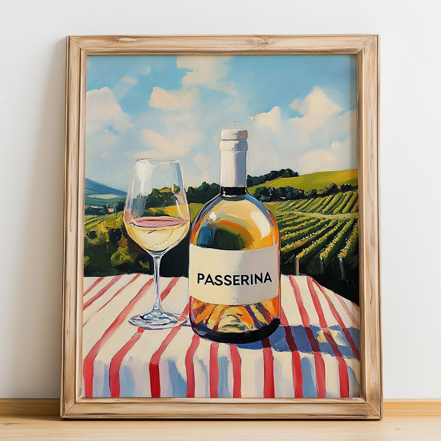 Passerina – Italian White Wine, Bodega Painting, no-text version framed in wood