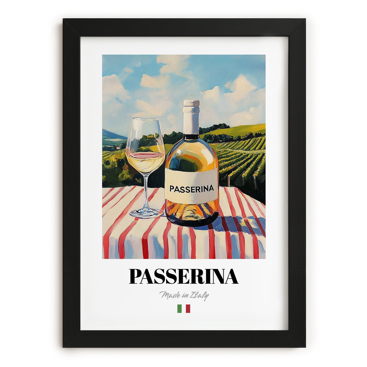 Passerina – Italian White Wine, Bodega Painting, in sleek black frame