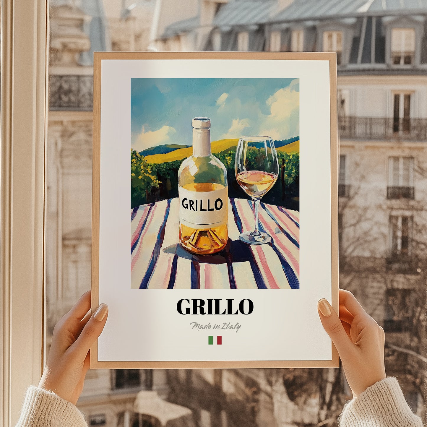 Grillo – Italian White Wine, Wine Bar Poster, styled in a charming Paris street view