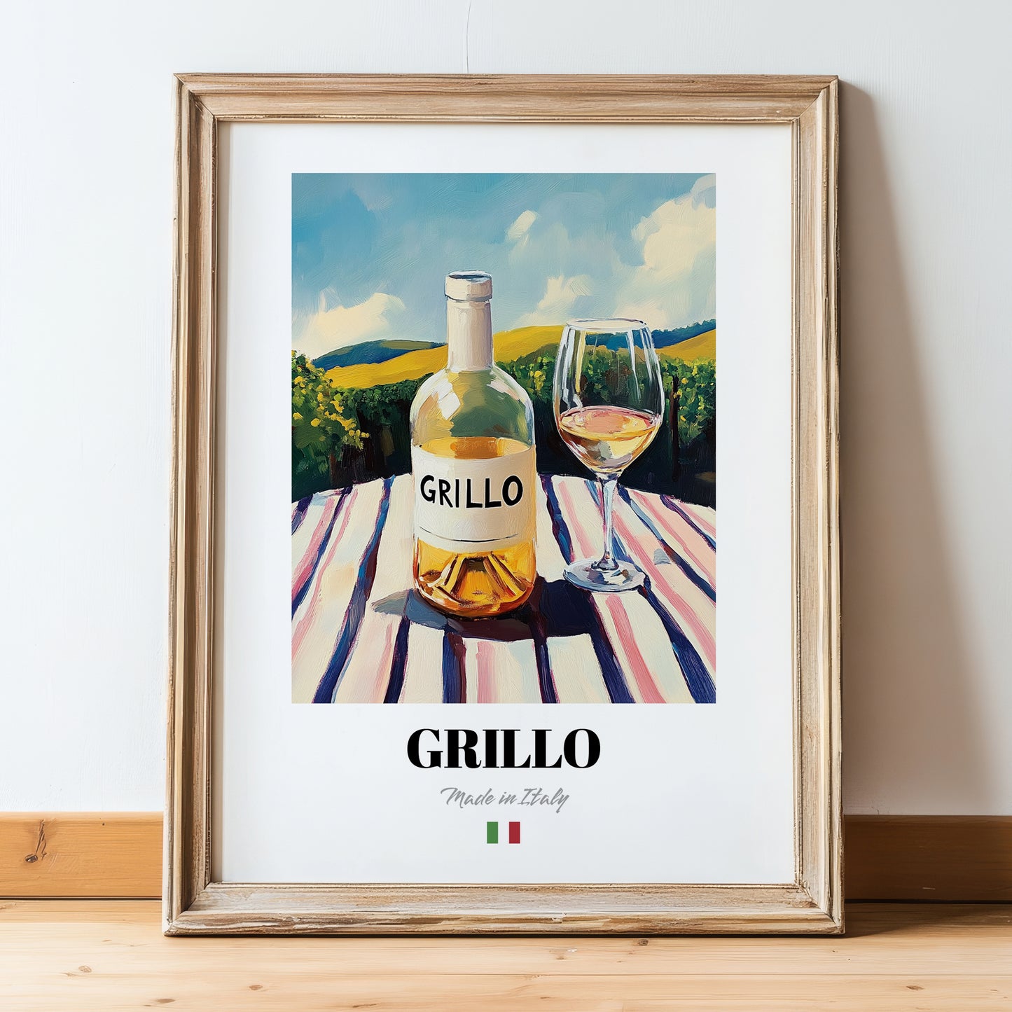 Grillo – Italian White Wine, Wine Bar Poster, in wooden frame leaning on the floor