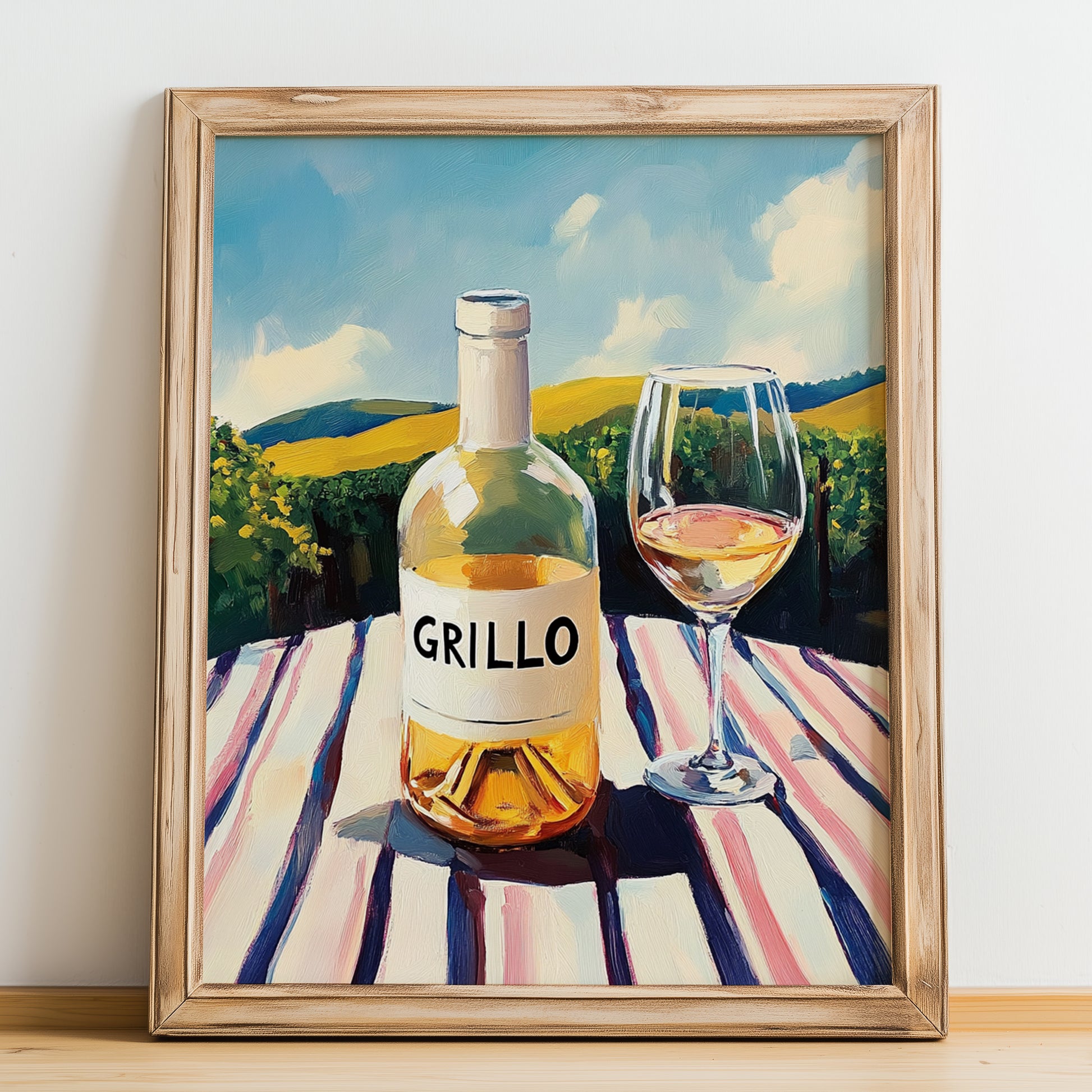 Grillo – Italian White Wine, Wine Bar Poster, no-text version framed in wood