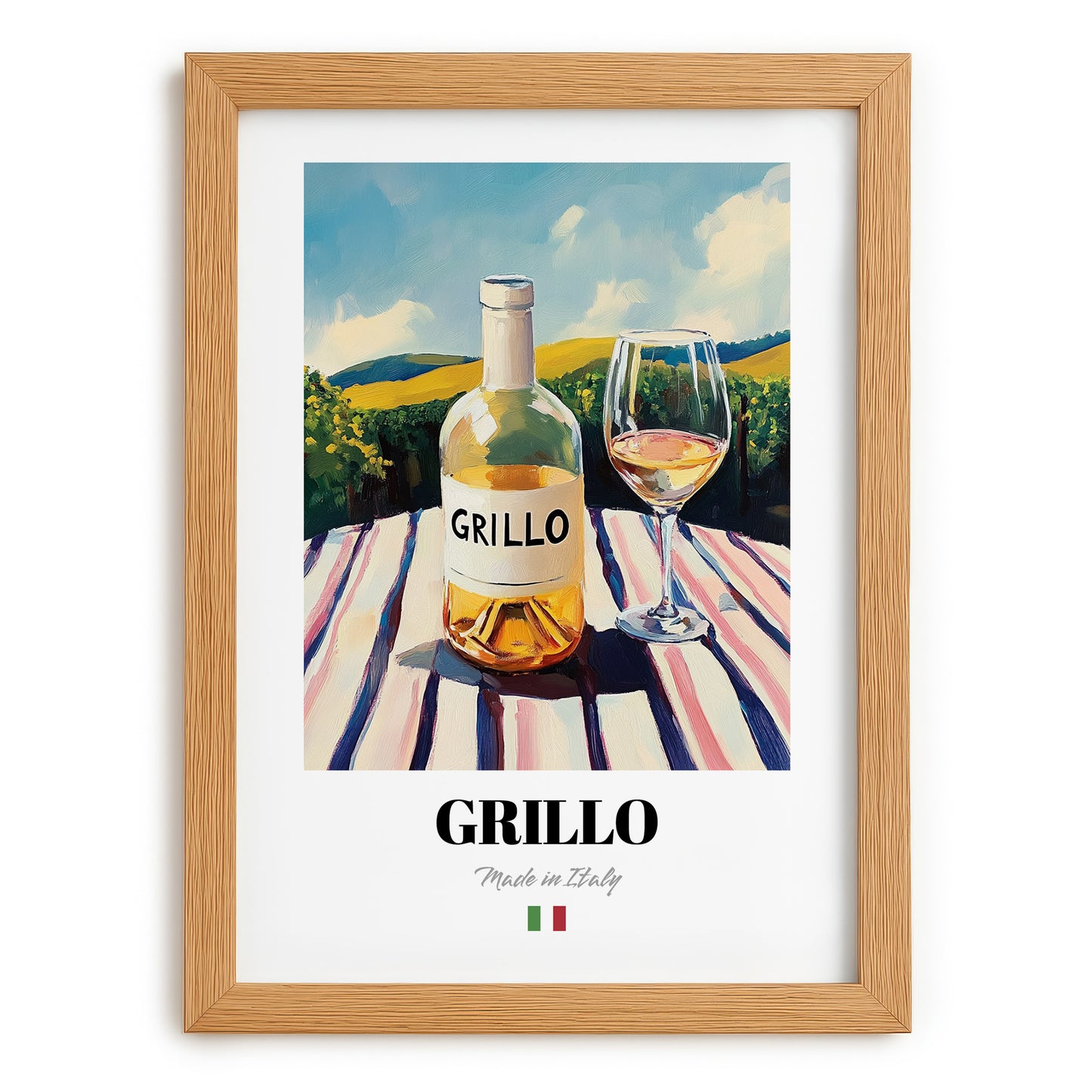 Grillo – Italian White Wine, Wine Bar Poster, set in oak frame