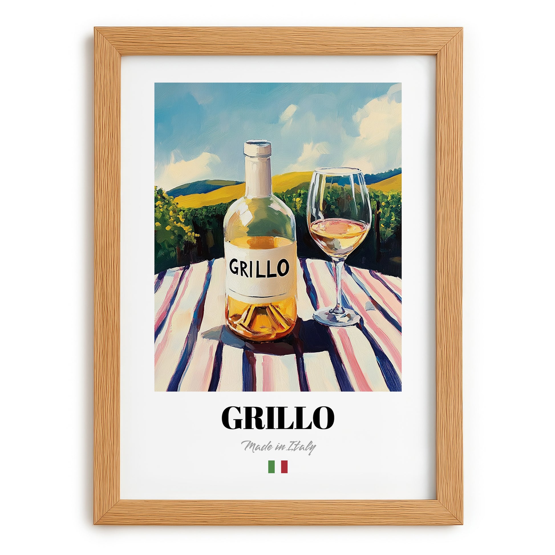 Grillo – Italian White Wine, Wine Bar Poster, set in oak frame
