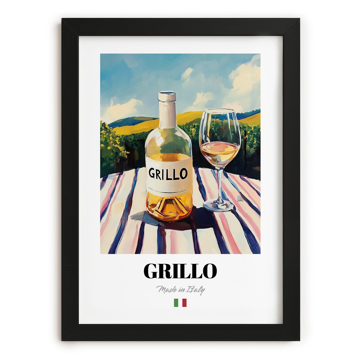 Grillo – Italian White Wine, Wine Bar Poster, in sleek black frame