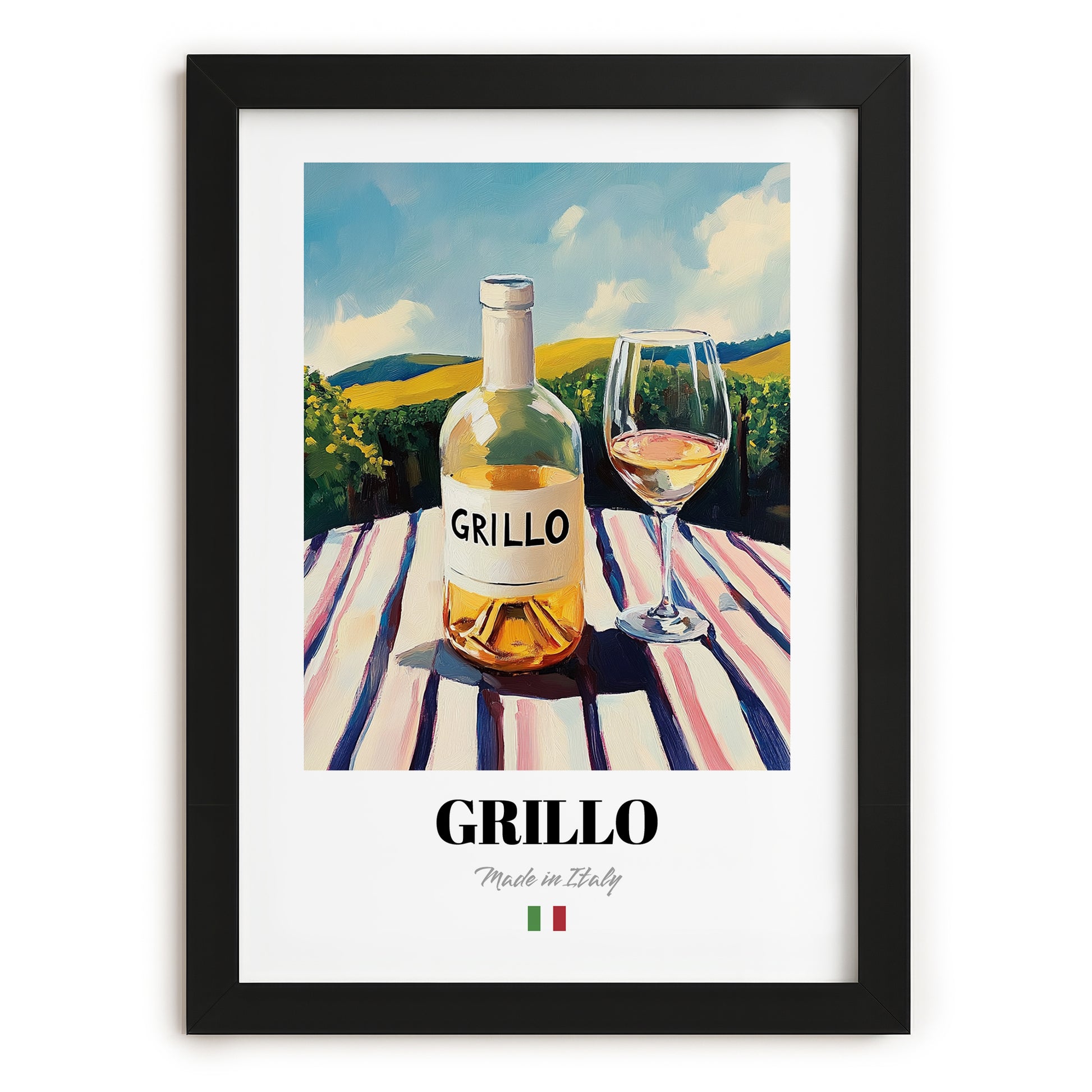 Grillo – Italian White Wine, Wine Bar Poster, in sleek black frame