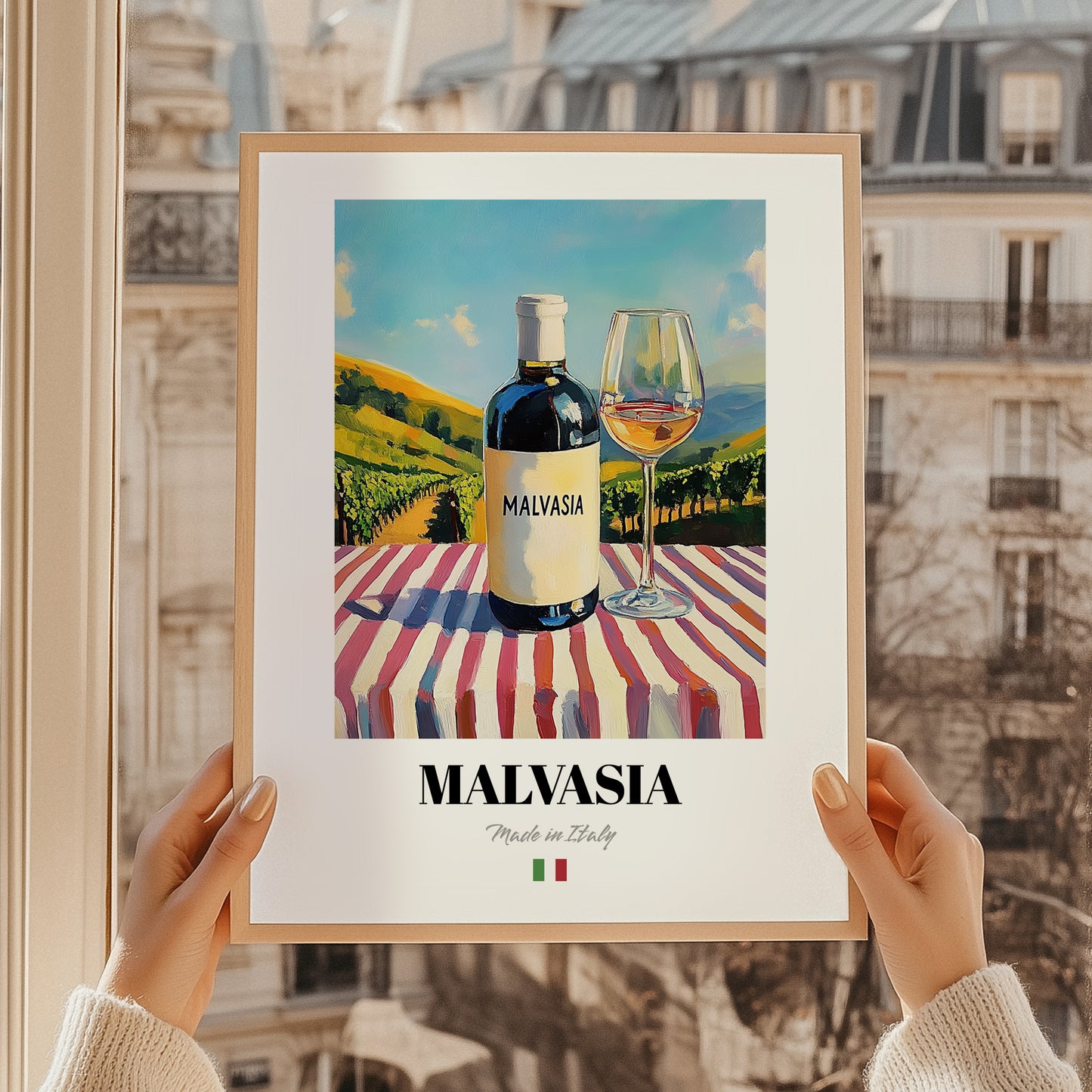 Malvasia – Italian White Wine, Wine Bar Painting, styled in a charming Paris street view