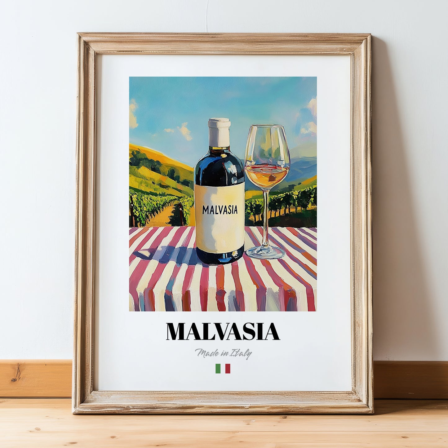 Malvasia – Italian White Wine, Wine Bar Painting, in wooden frame leaning on the floor