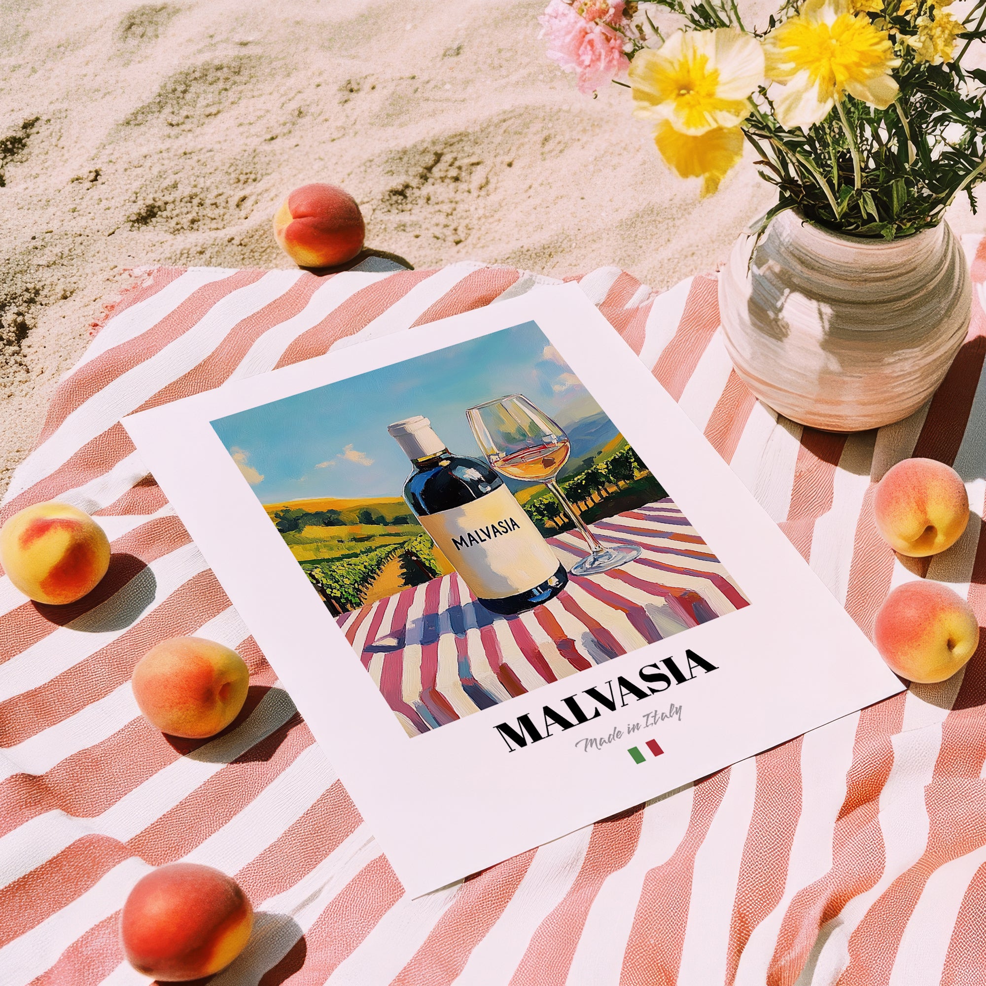 Malvasia – Italian White Wine, Wine Bar Painting, unframed on coastal sand