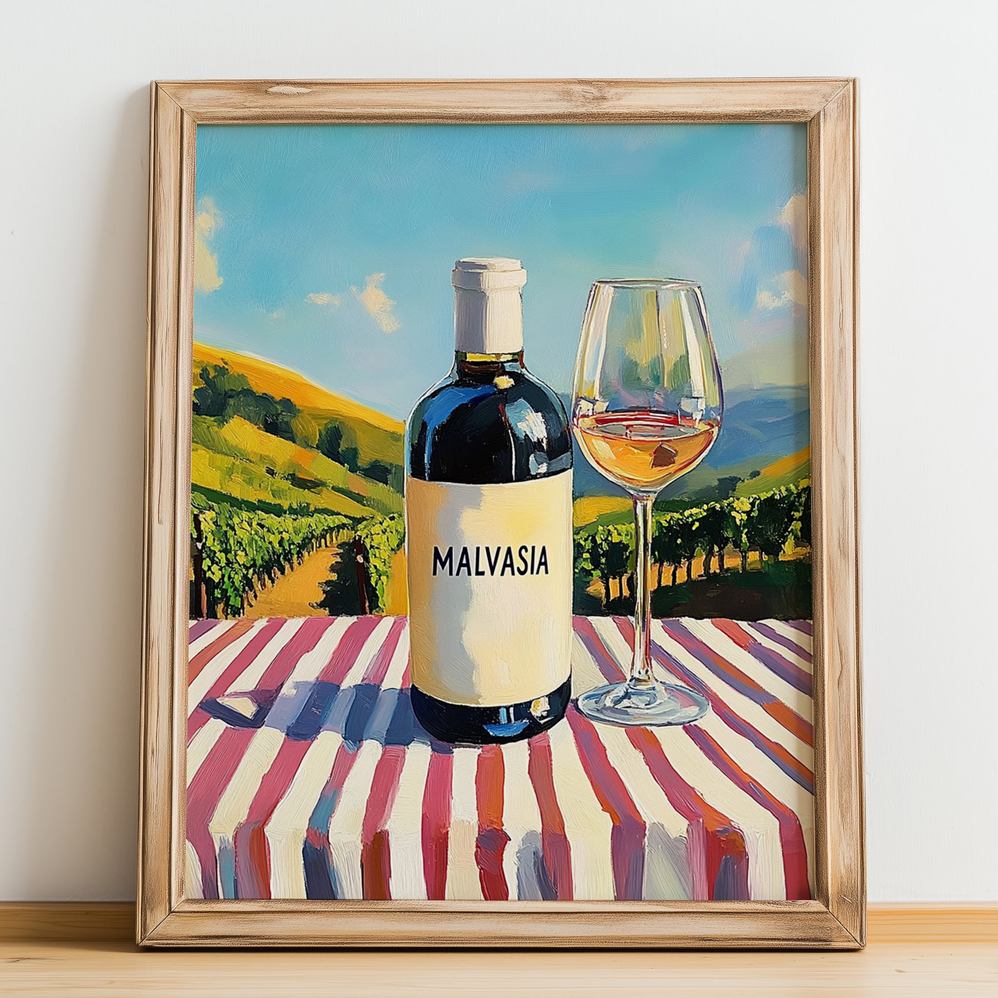 Malvasia – Italian White Wine, Wine Bar Painting, no-text version framed in wood