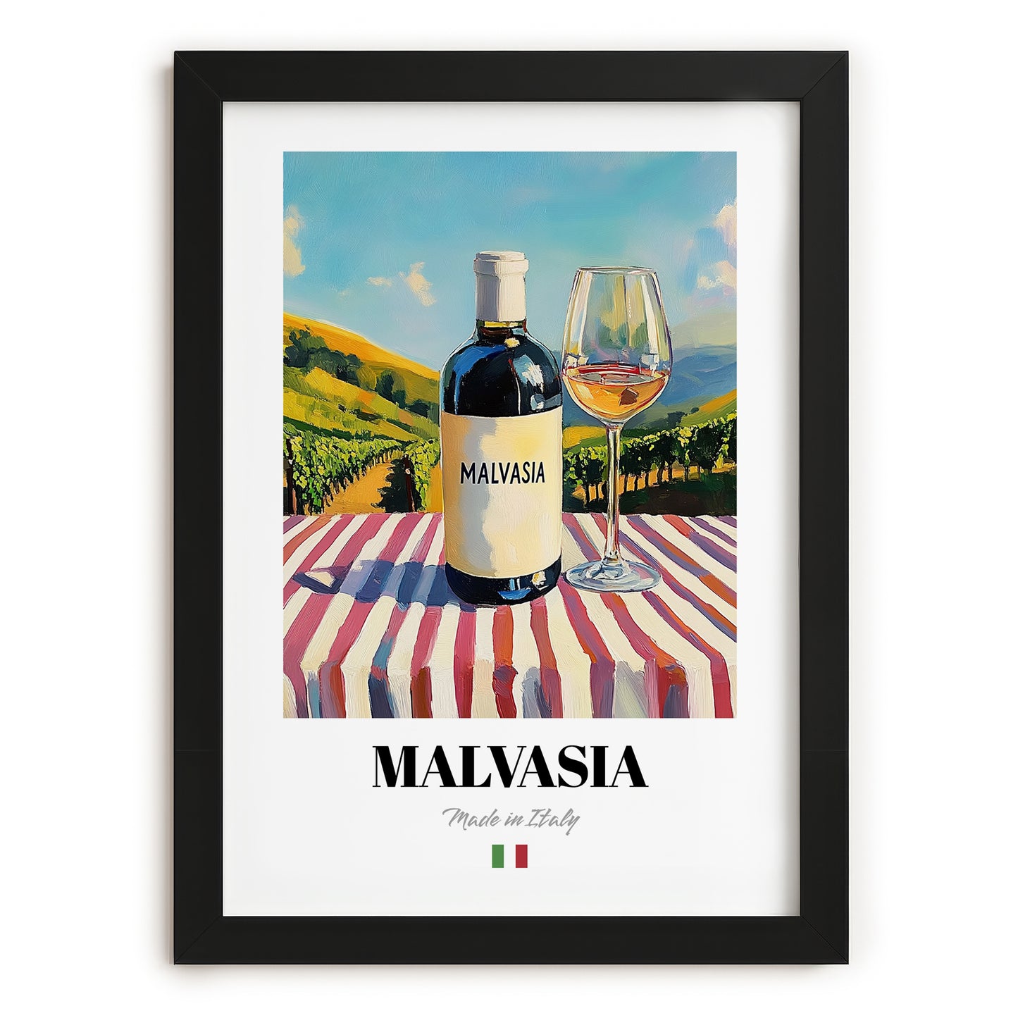 Malvasia – Italian White Wine, Wine Bar Painting, in sleek black frame