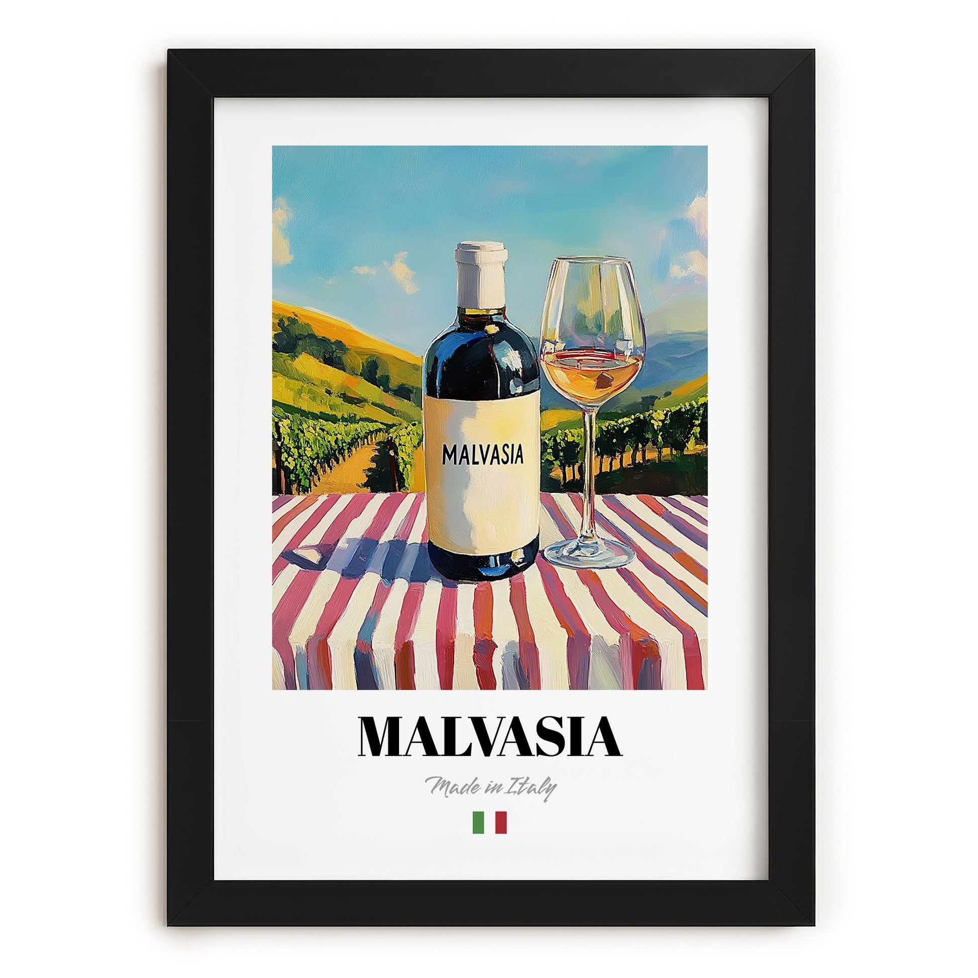 Malvasia – Italian White Wine, Wine Bar Painting, in sleek black frame