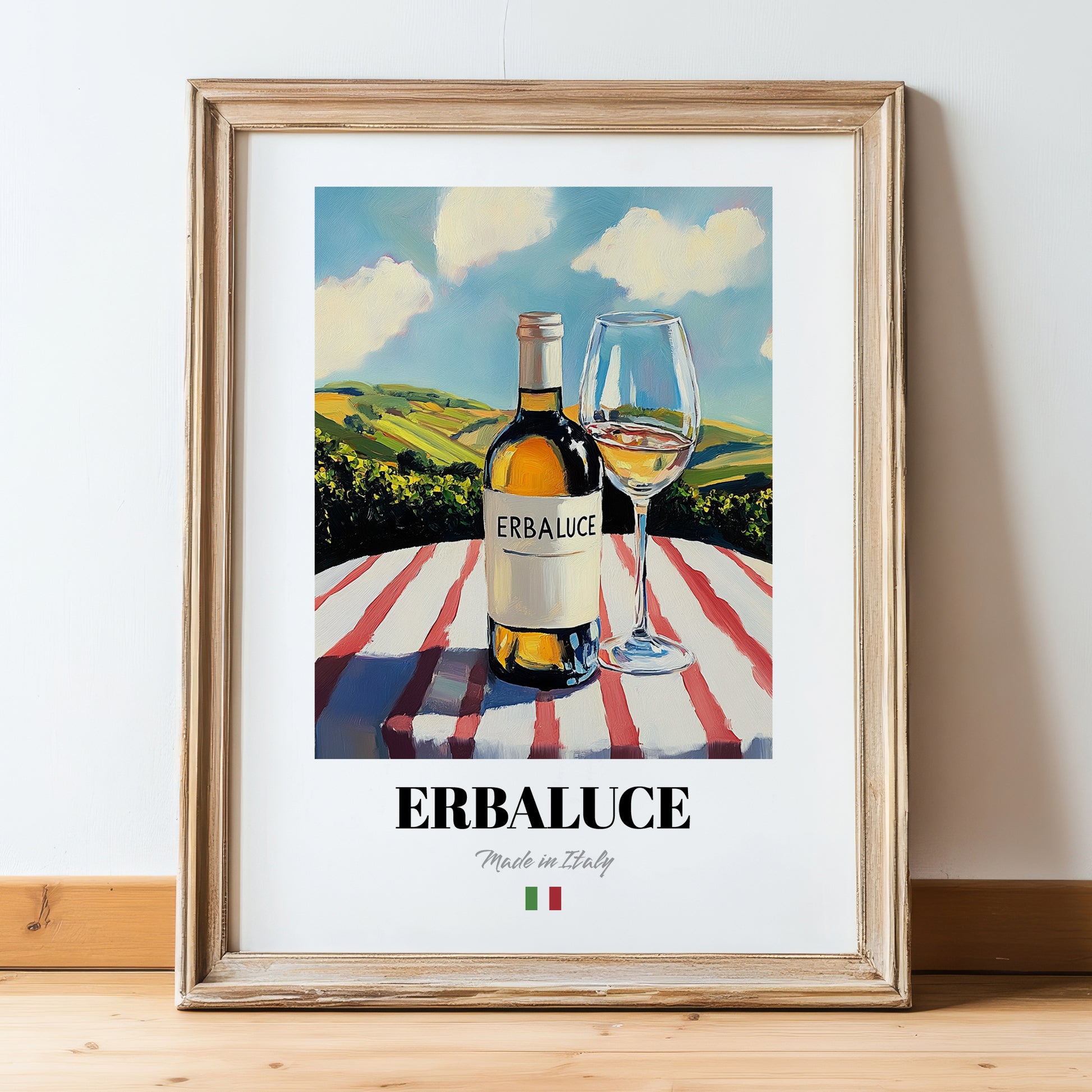 Erbaluce – Italian White Wine, Vinoteca Poster, in wooden frame leaning on the floor