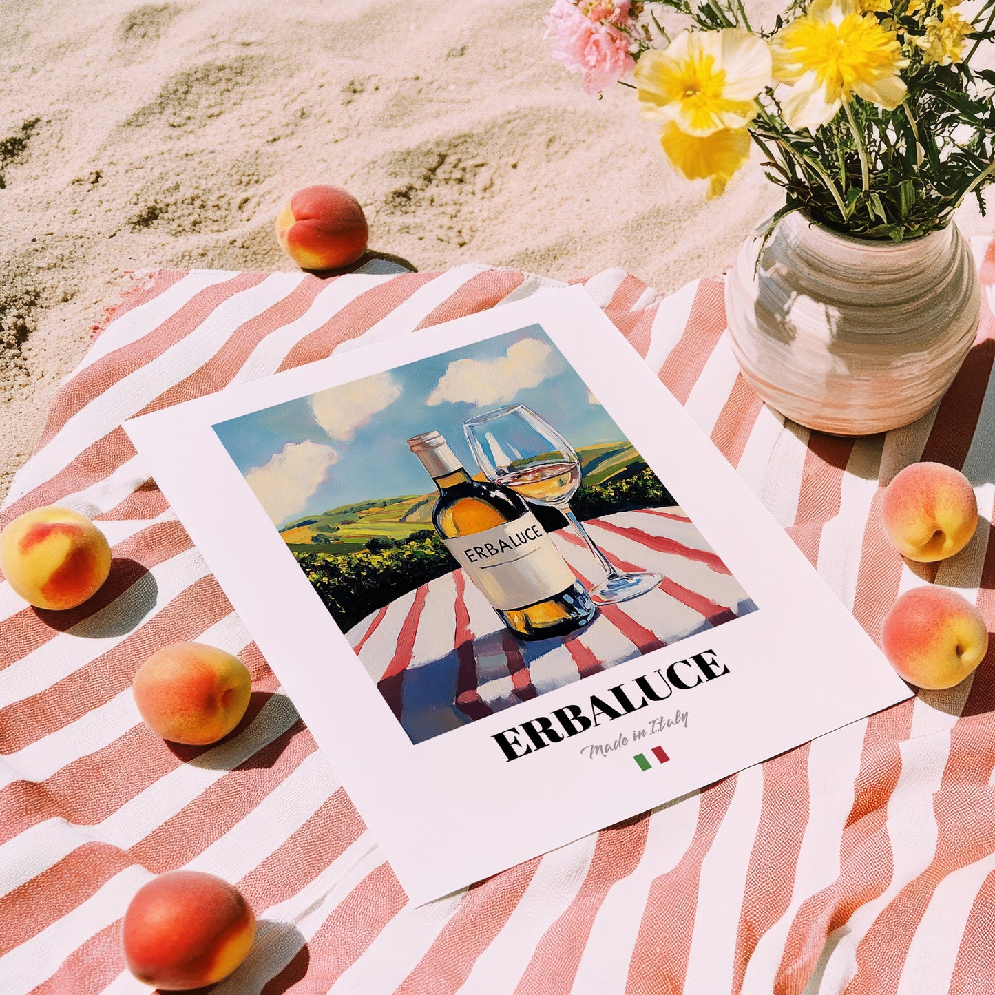 Erbaluce – Italian White Wine, Vinoteca Poster, unframed on coastal sand