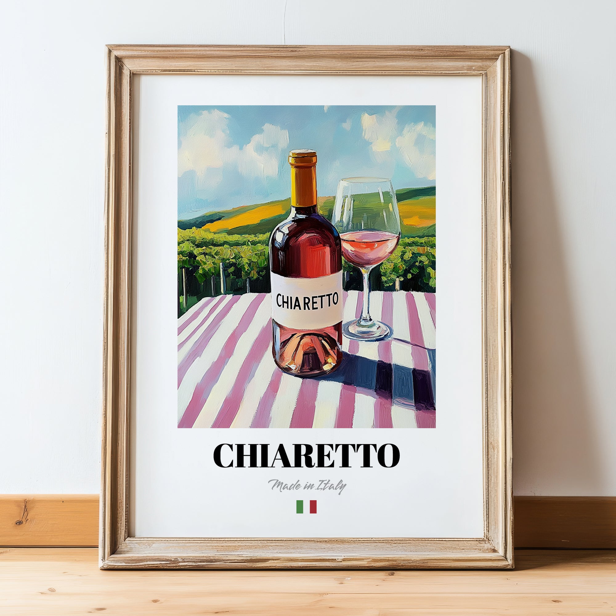 Chiaretto – Italian Rose Wine, Vinoteca Illustration, in wooden frame leaning on the floor