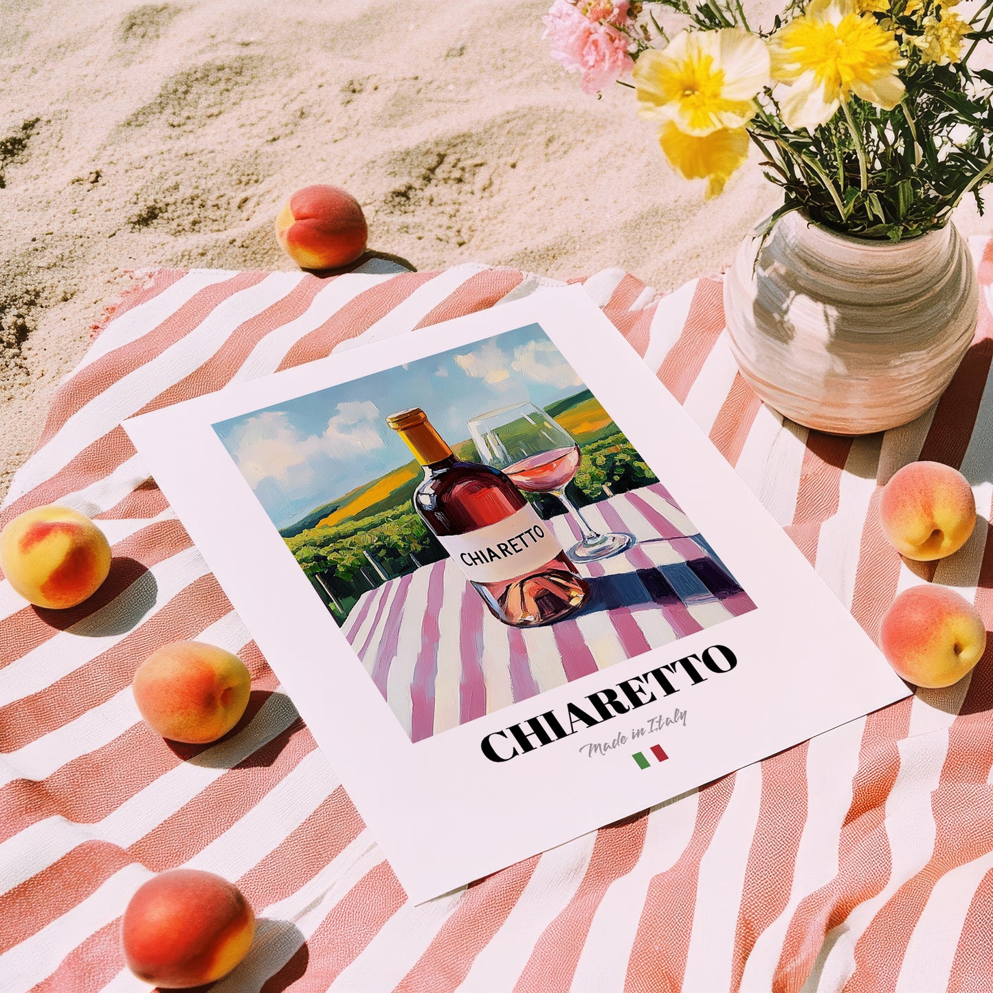 Chiaretto – Italian Rose Wine, Vinoteca Illustration, unframed on coastal sand