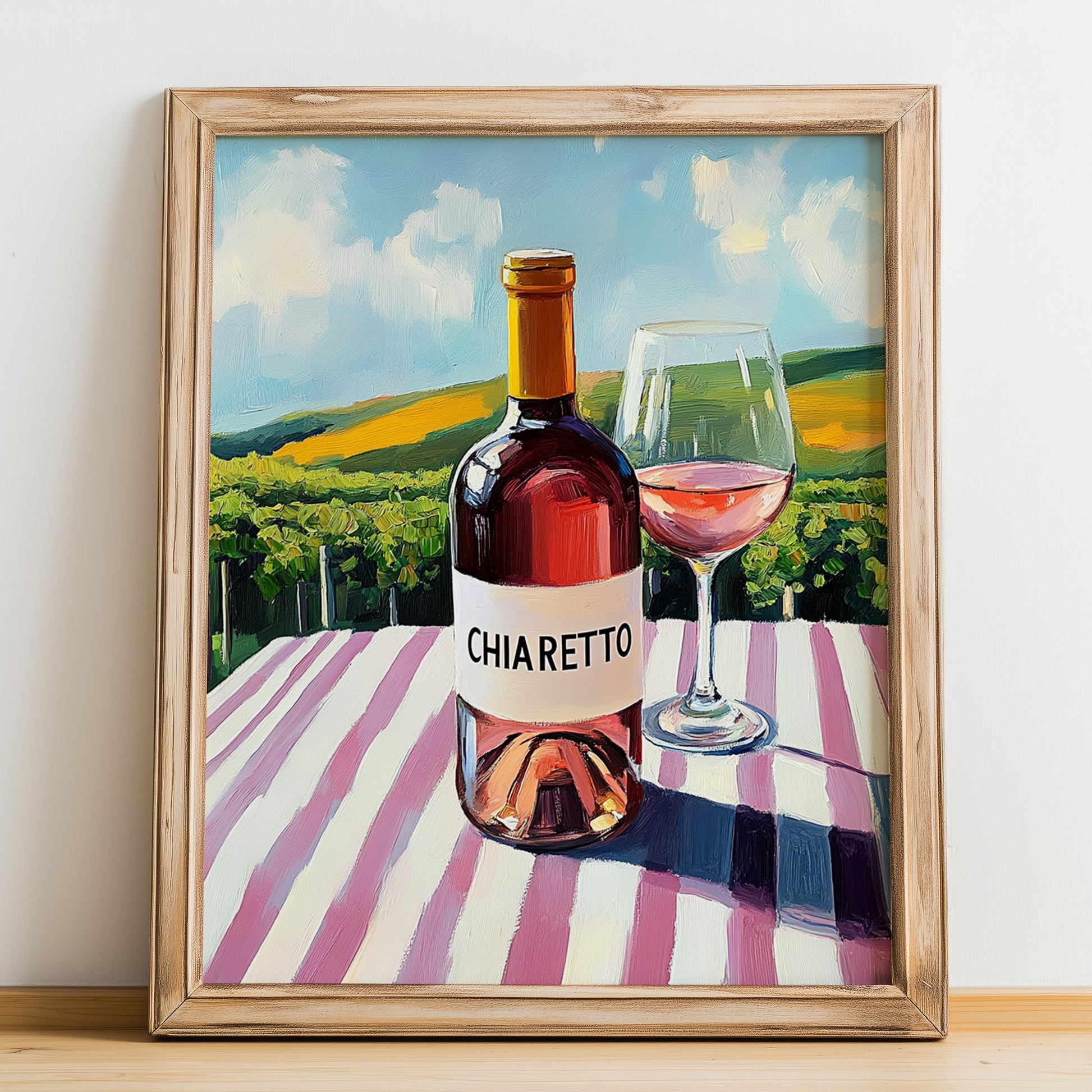 Chiaretto – Italian Rose Wine, Vinoteca Illustration, no-text version framed in wood