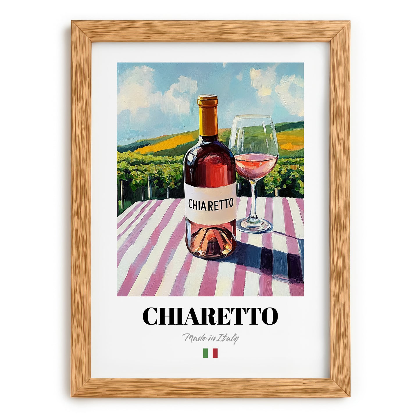 Chiaretto – Italian Rose Wine, Vinoteca Illustration, set in oak frame