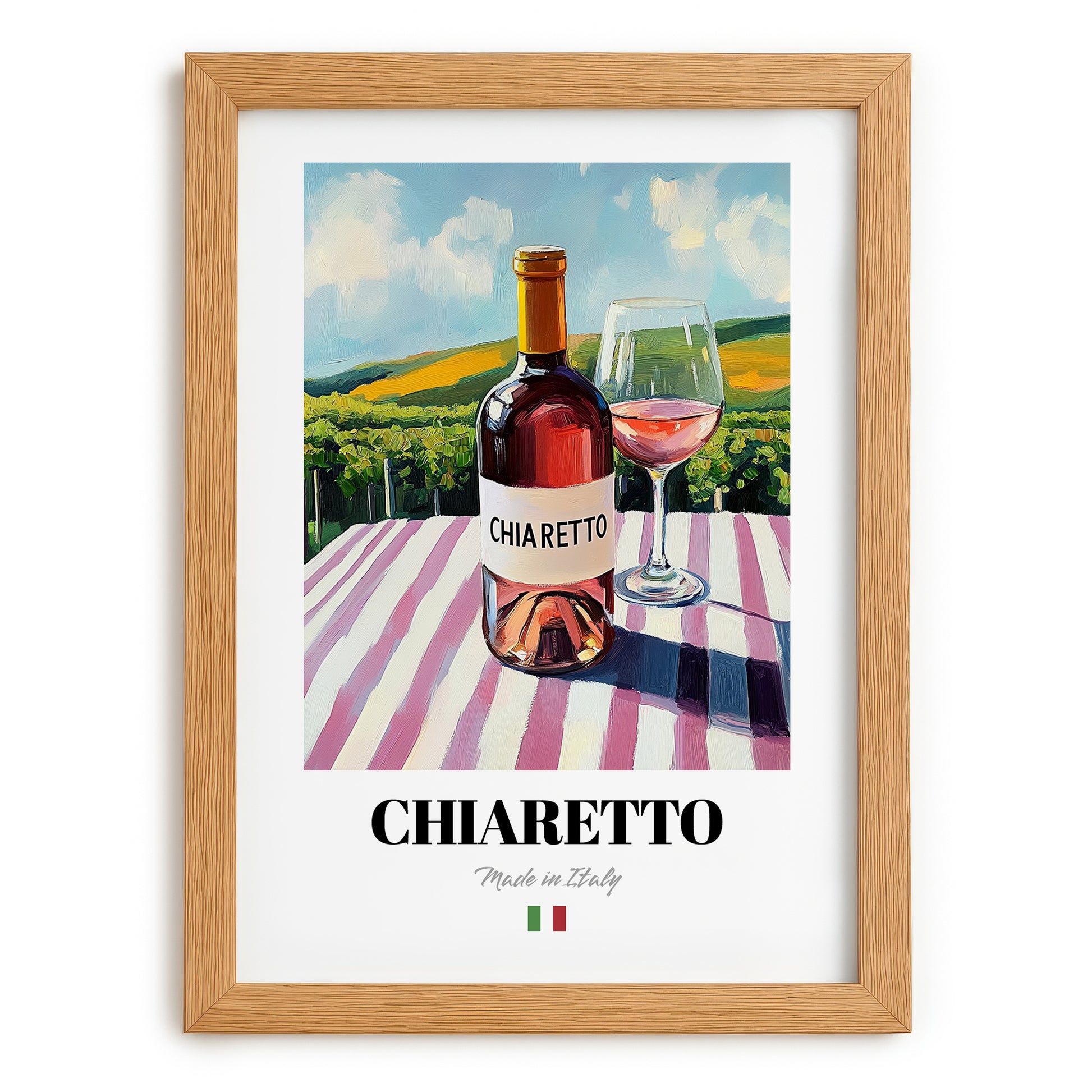 Chiaretto – Italian Rose Wine, Vinoteca Illustration, set in oak frame