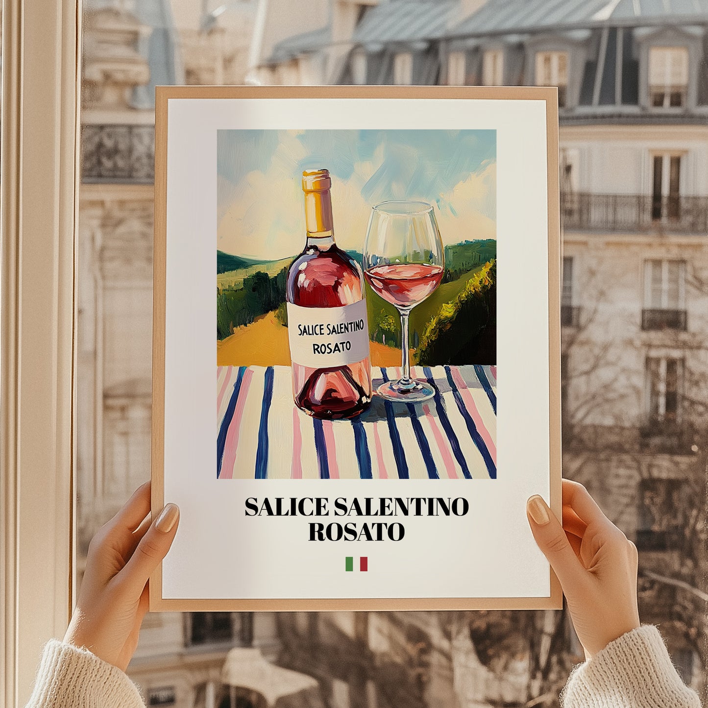Salice Salentino Rosato – Italian Rose Wine, Tasting Room Wall Art, styled in a charming Paris street view