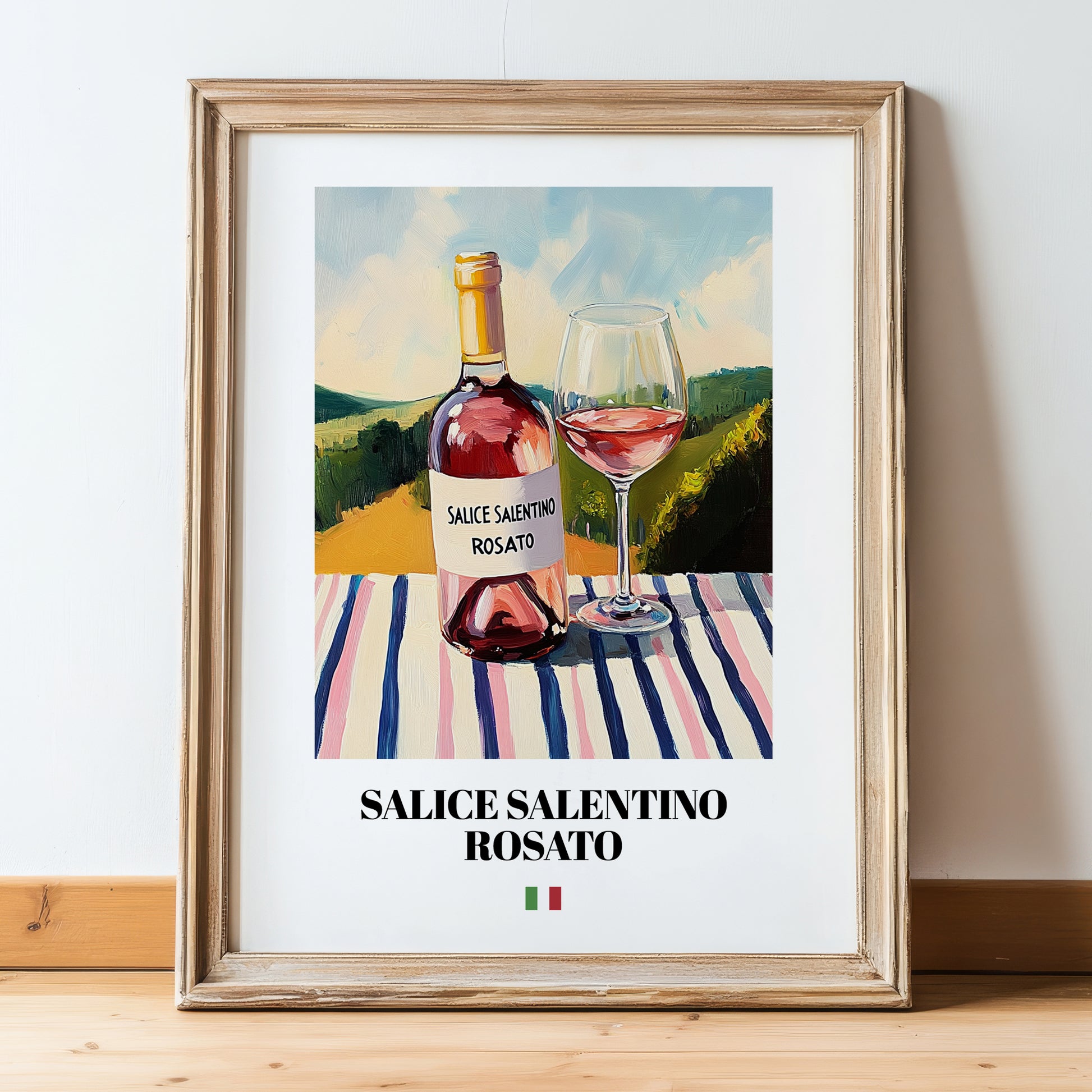 Salice Salentino Rosato – Italian Rose Wine, Tasting Room Wall Art, in wooden frame leaning on the floor