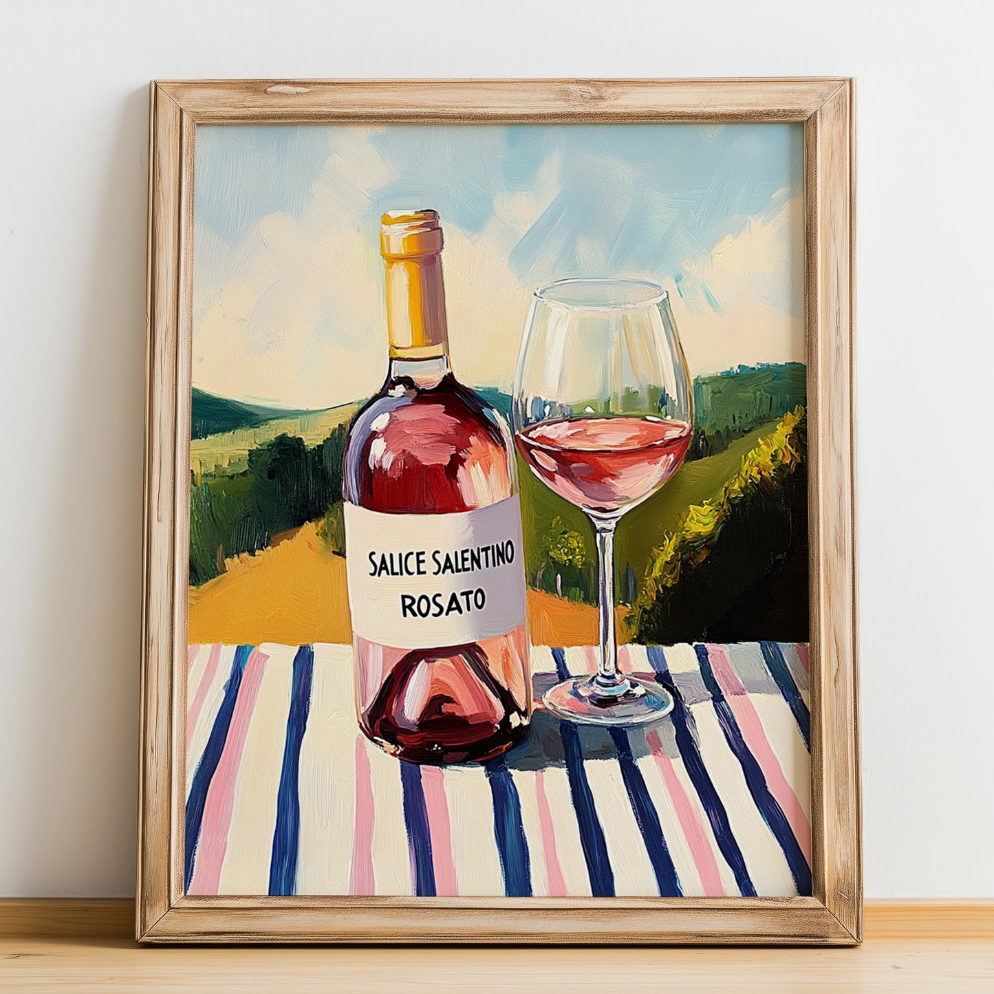 Salice Salentino Rosato – Italian Rose Wine, Tasting Room Wall Art, no-text version framed in wood