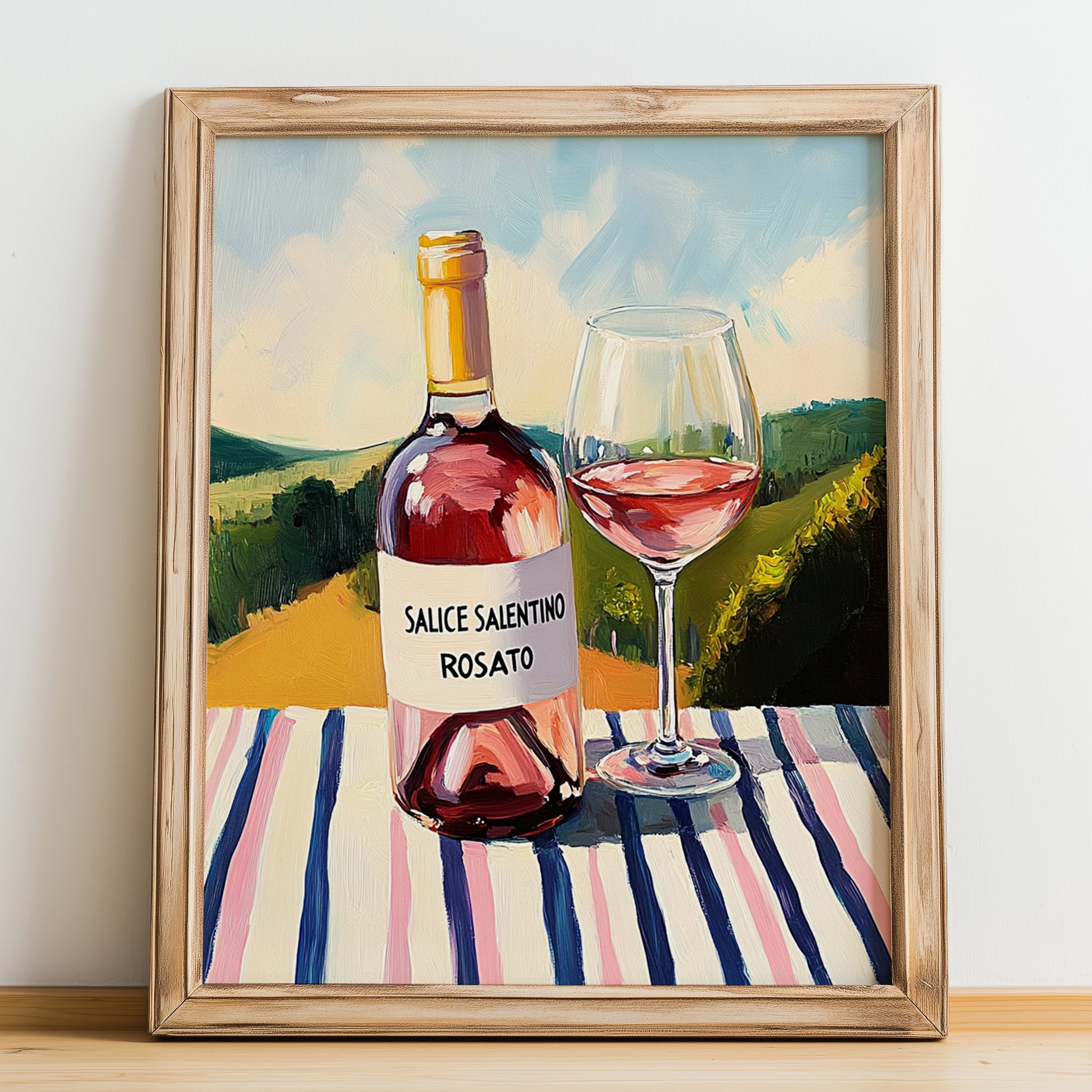 Salice Salentino Rosato – Italian Rose Wine, Tasting Room Wall Art, no-text version framed in wood